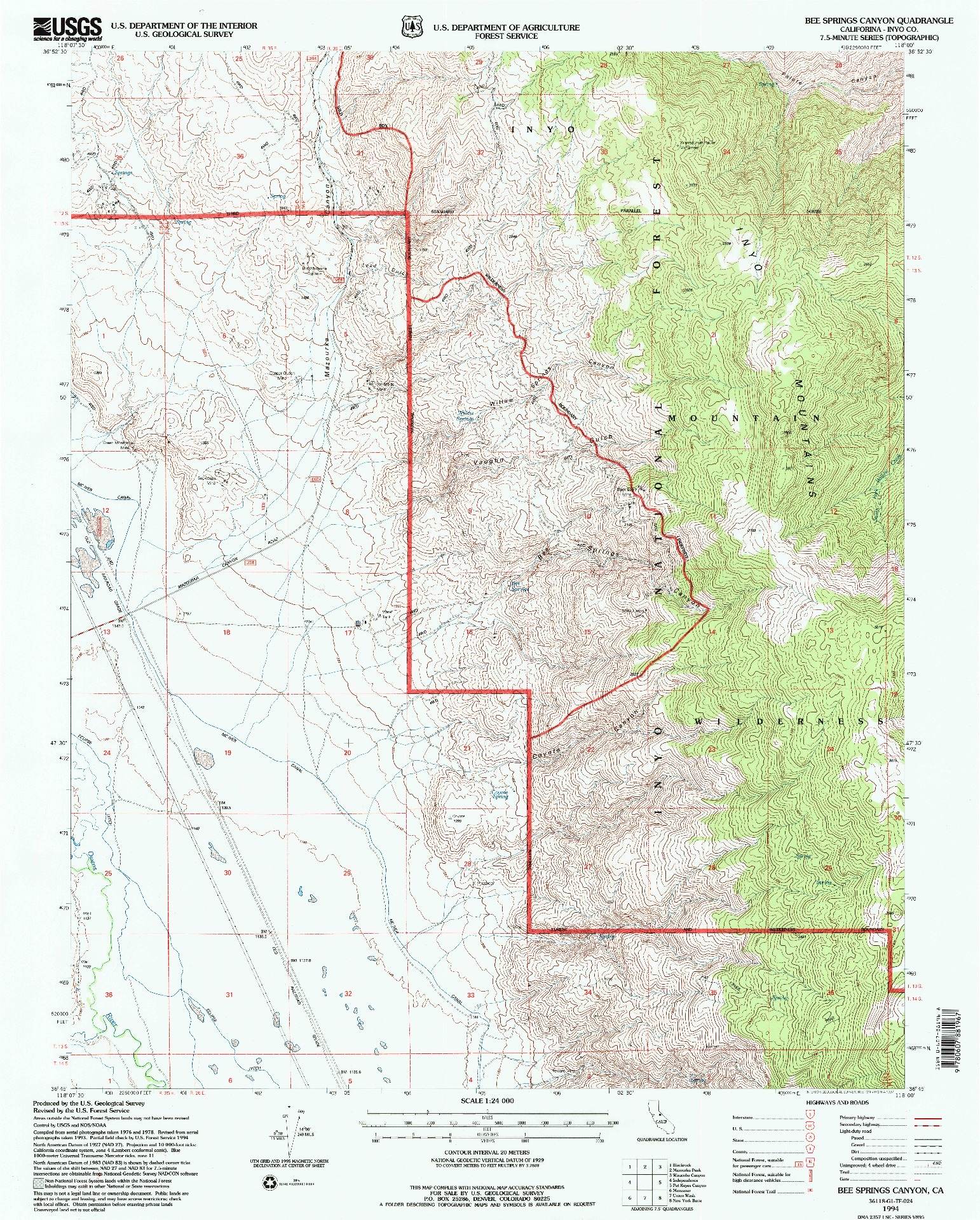 USGS 1:24000-SCALE QUADRANGLE FOR BEE SPRINGS CANYON, CA 1994