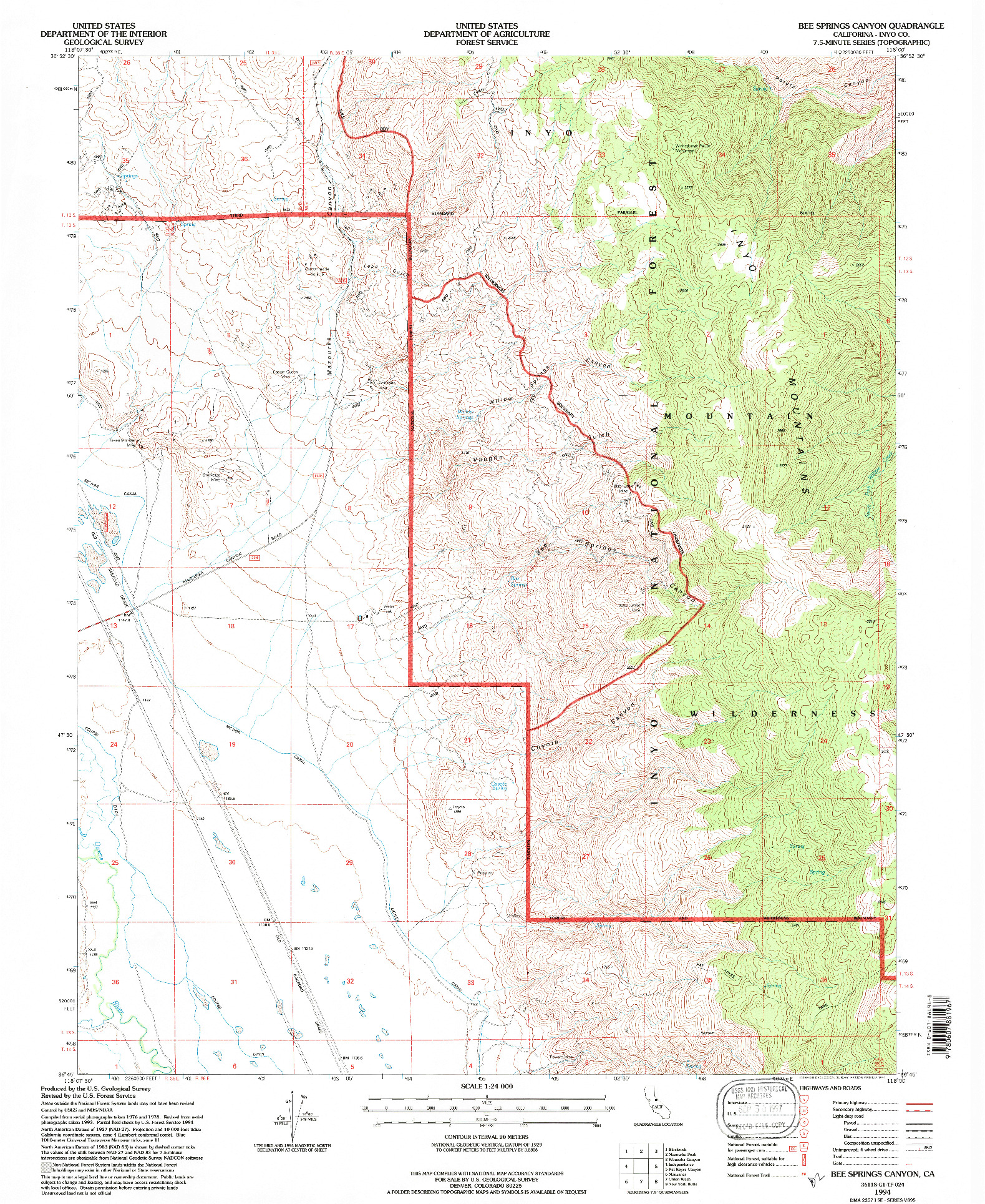USGS 1:24000-SCALE QUADRANGLE FOR BEE SPRINGS CANYON, CA 1994