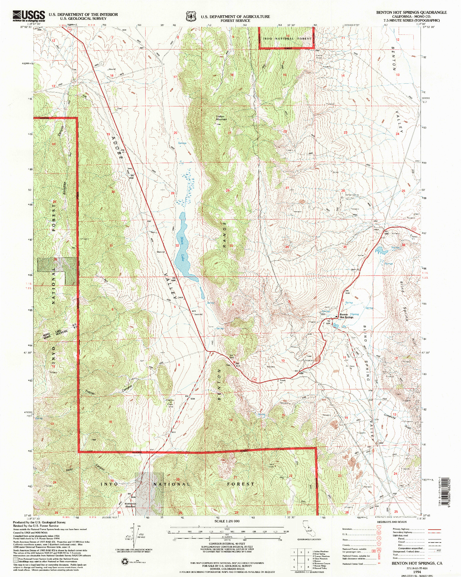 USGS 1:24000-SCALE QUADRANGLE FOR BENTON HOT SPRINGS, CA 1994