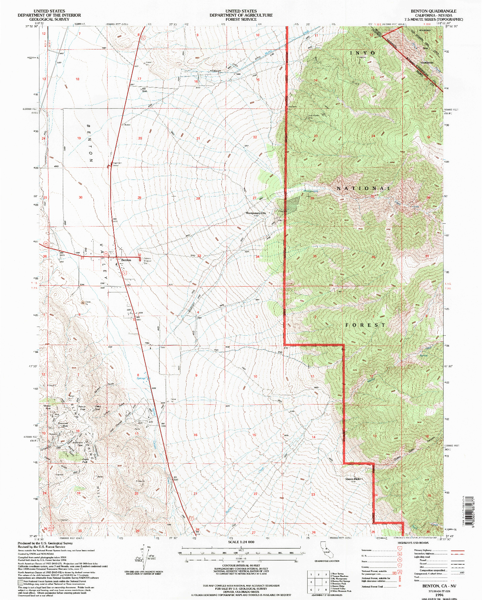 USGS 1:24000-SCALE QUADRANGLE FOR BENTON, CA 1994