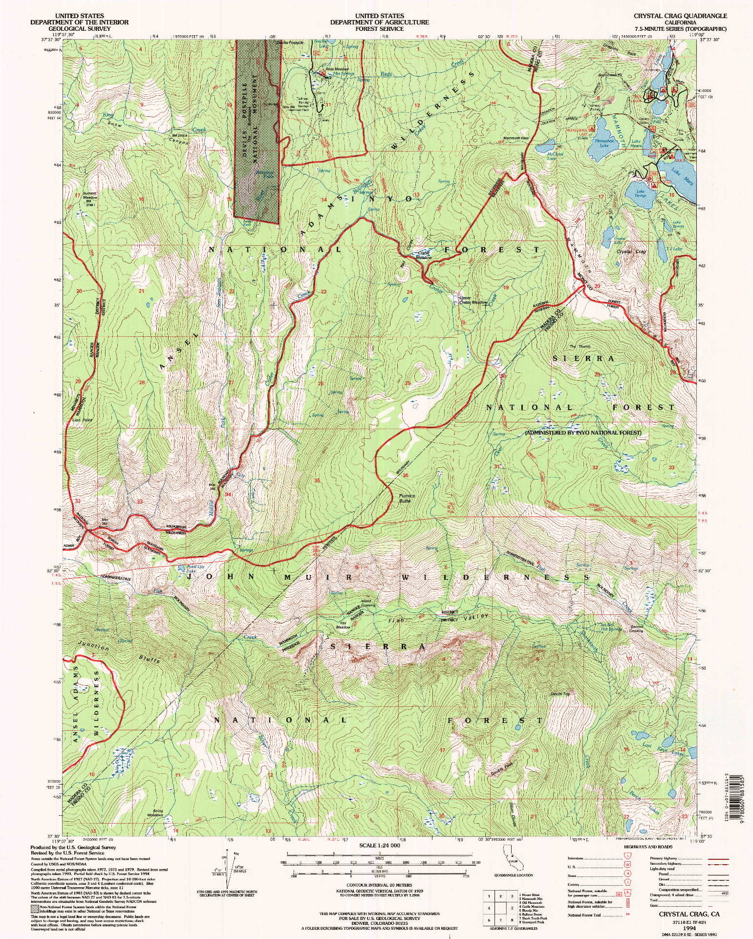 USGS 1:24000-SCALE QUADRANGLE FOR CRYSTAL CRAG, CA 1994