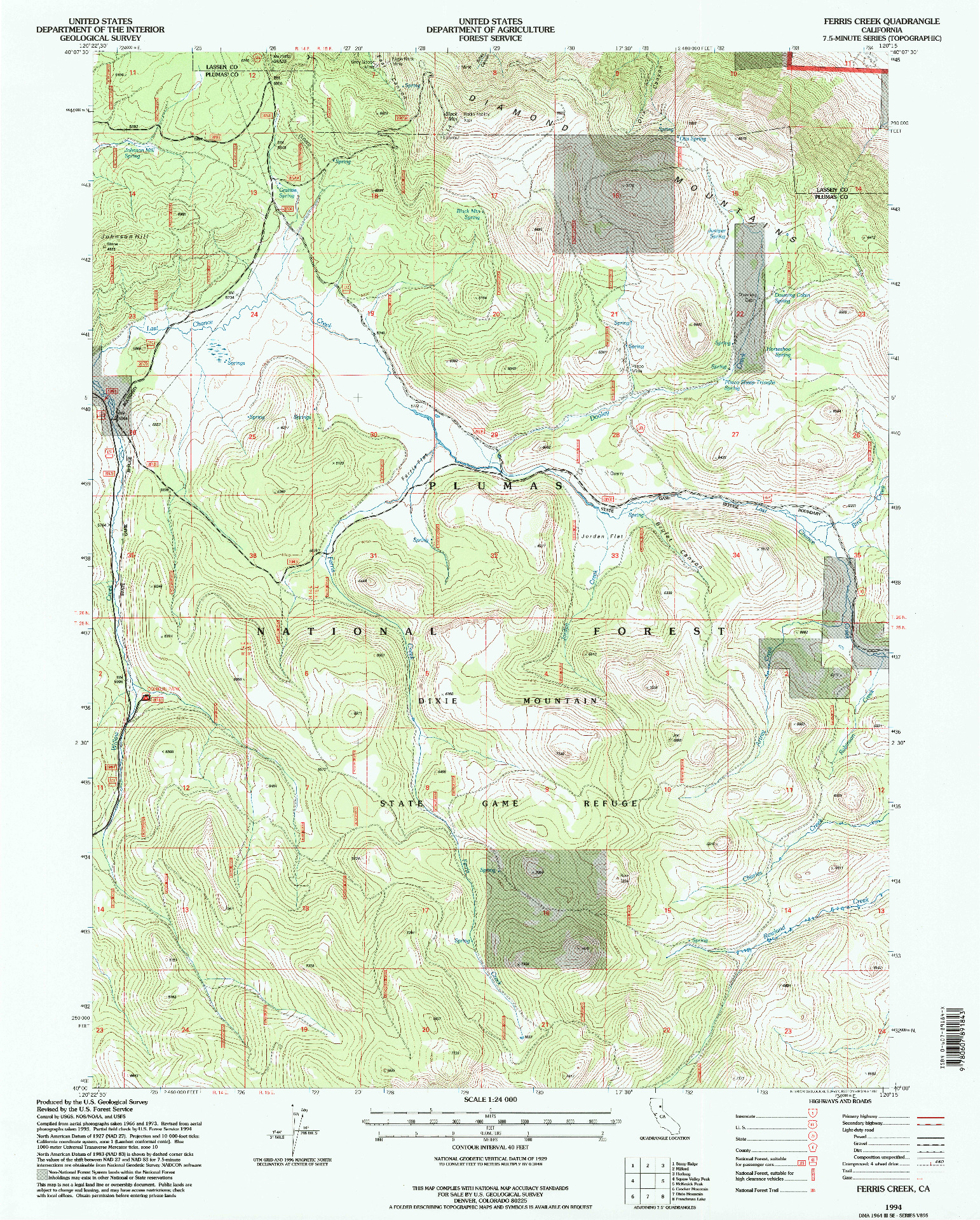 USGS 1:24000-SCALE QUADRANGLE FOR FERRIS CREEK, CA 1994