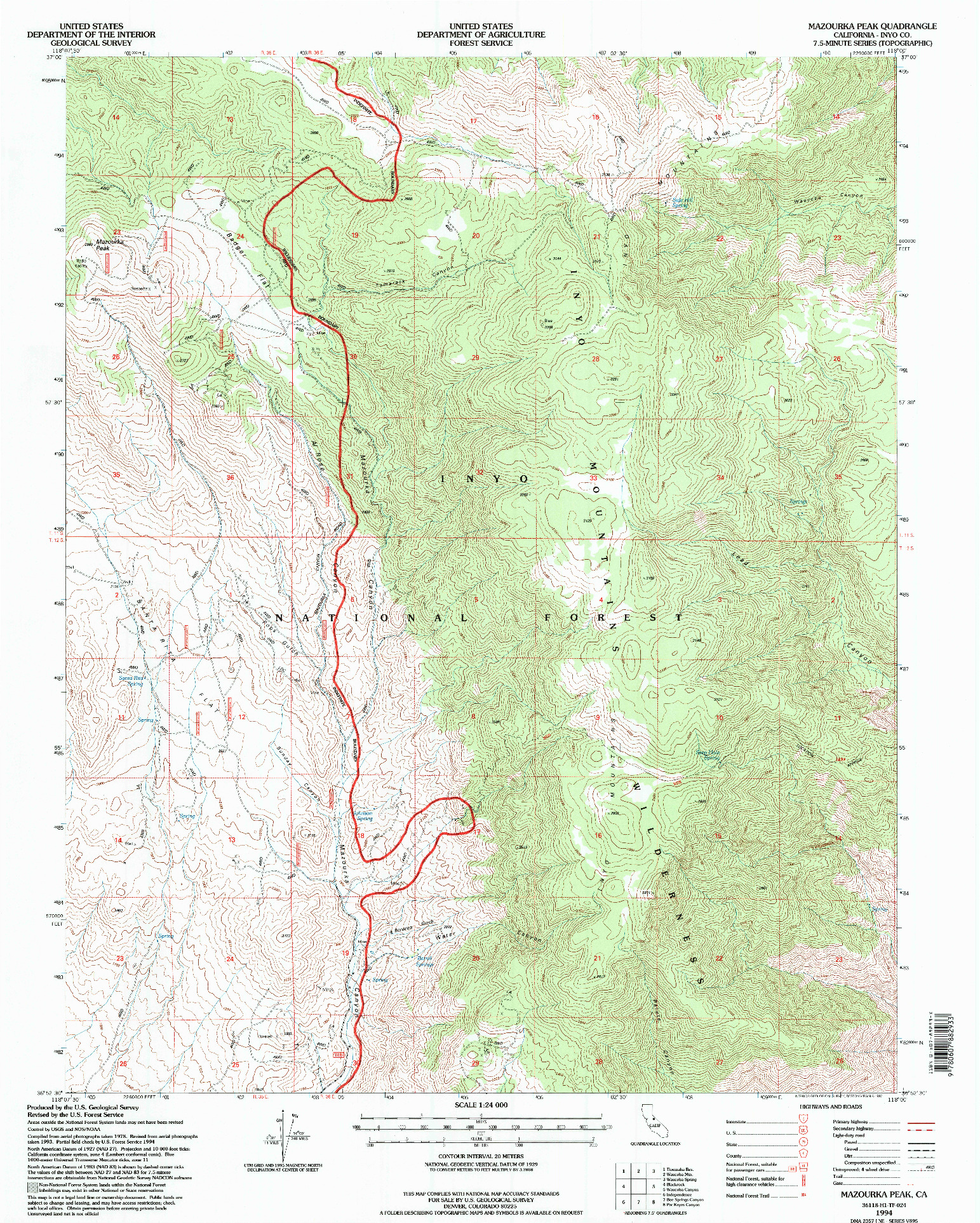 USGS 1:24000-SCALE QUADRANGLE FOR MAZOURKA PEAK, CA 1994