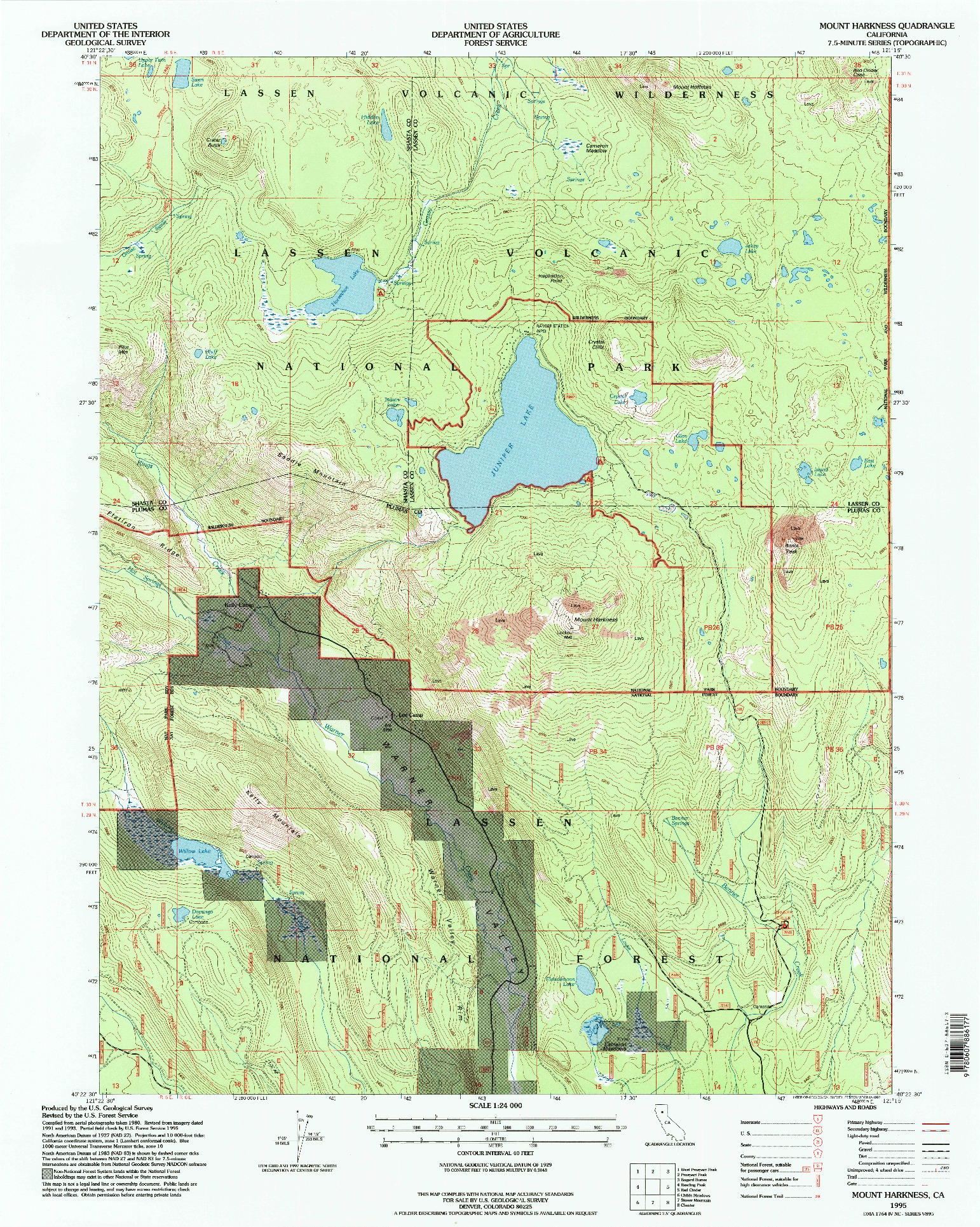 USGS 1:24000-SCALE QUADRANGLE FOR MOUNT HARKNESS, CA 1995