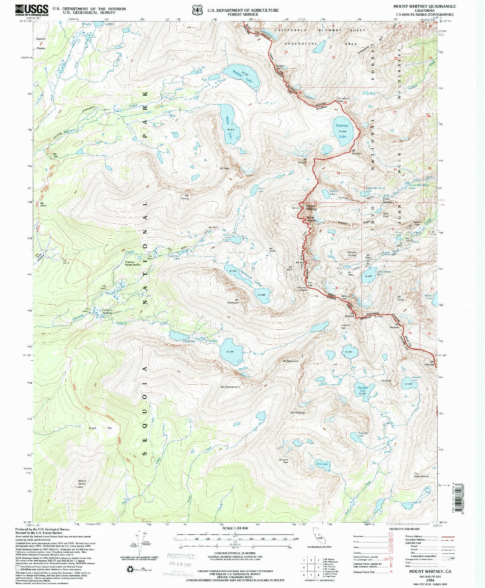 USGS 1:24000-SCALE QUADRANGLE FOR MOUNT WHITNEY, CA 1994