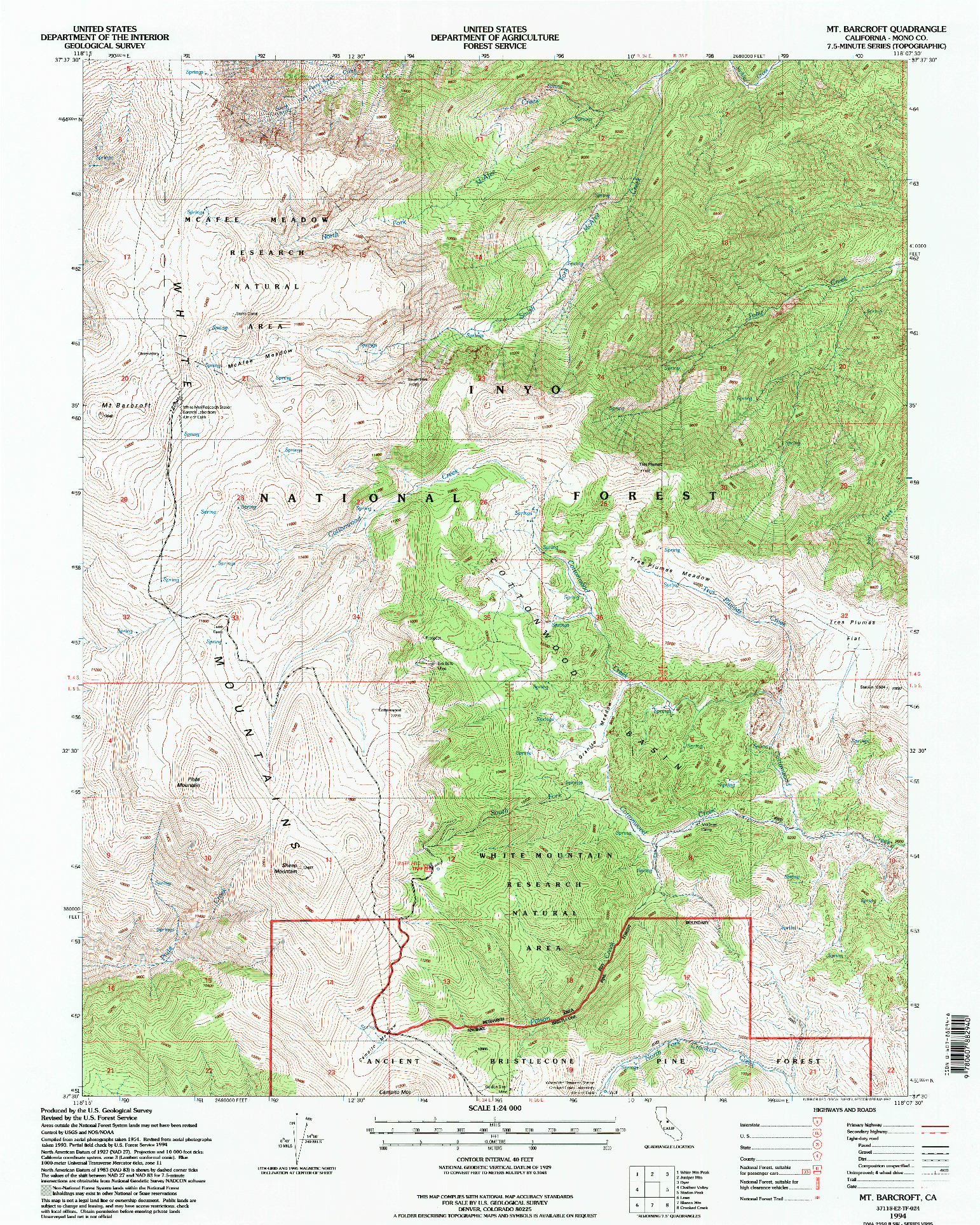 USGS 1:24000-SCALE QUADRANGLE FOR MT. BARCROFT, CA 1994
