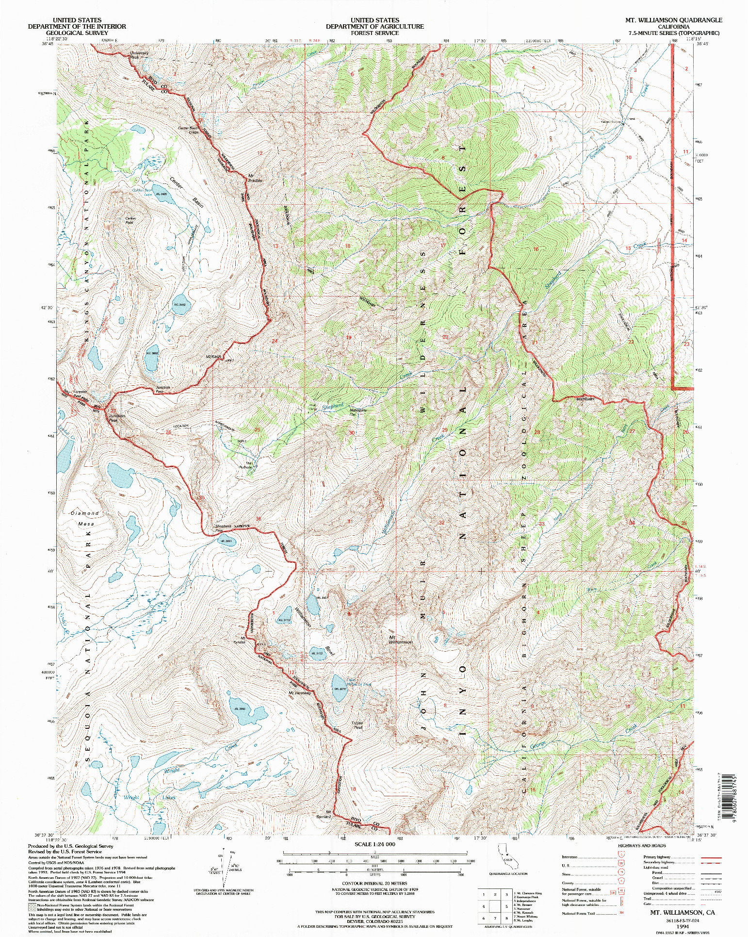 USGS 1:24000-SCALE QUADRANGLE FOR MT. WILLIAMSON, CA 1994