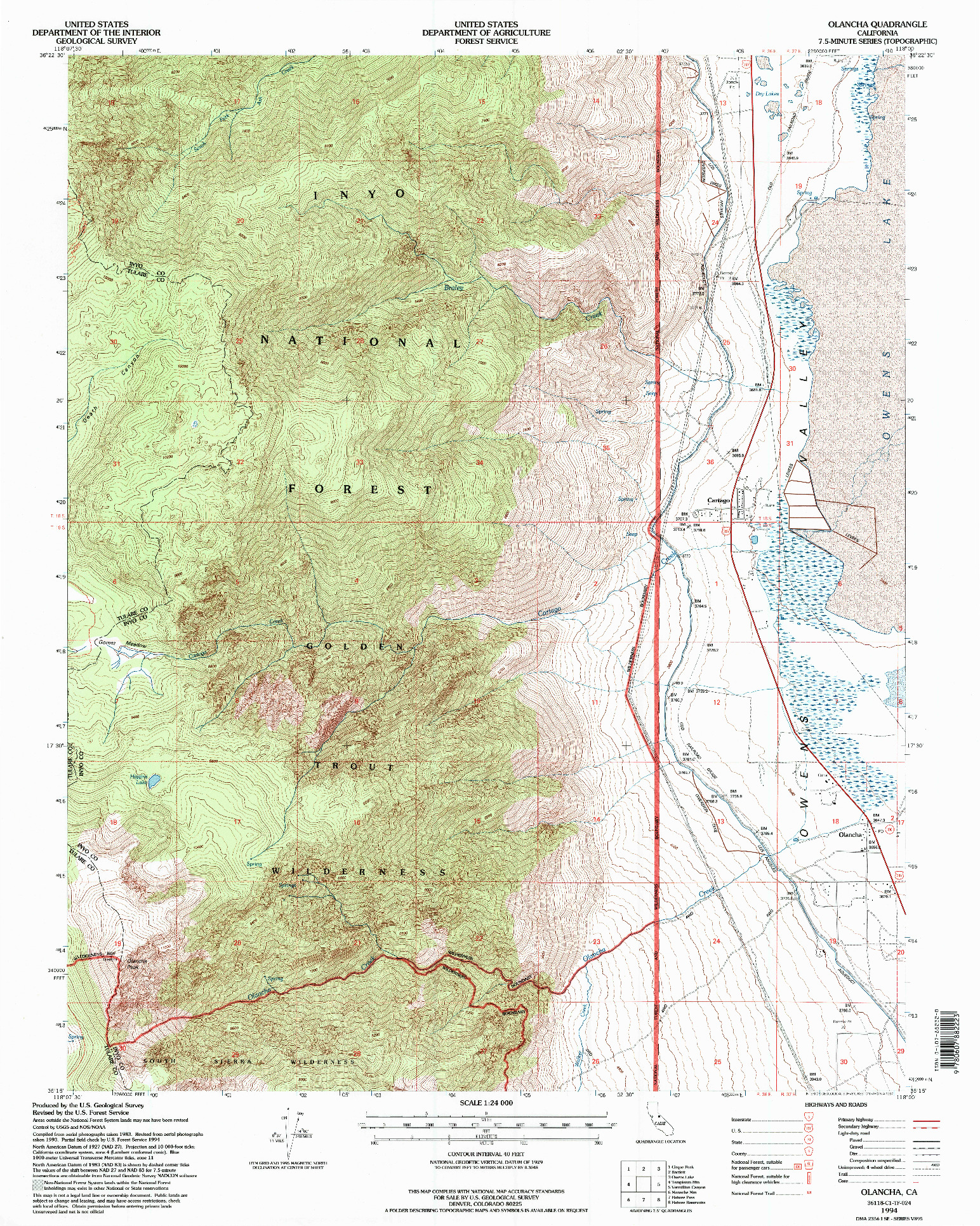 USGS 1:24000-SCALE QUADRANGLE FOR OLANCHA, CA 1994