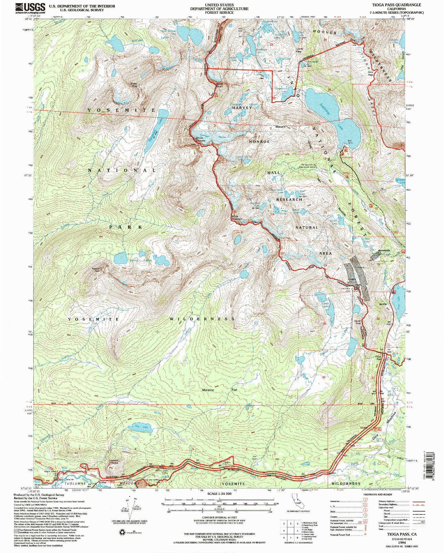 USGS 1:24000-SCALE QUADRANGLE FOR TIOGA PASS, CA 1994