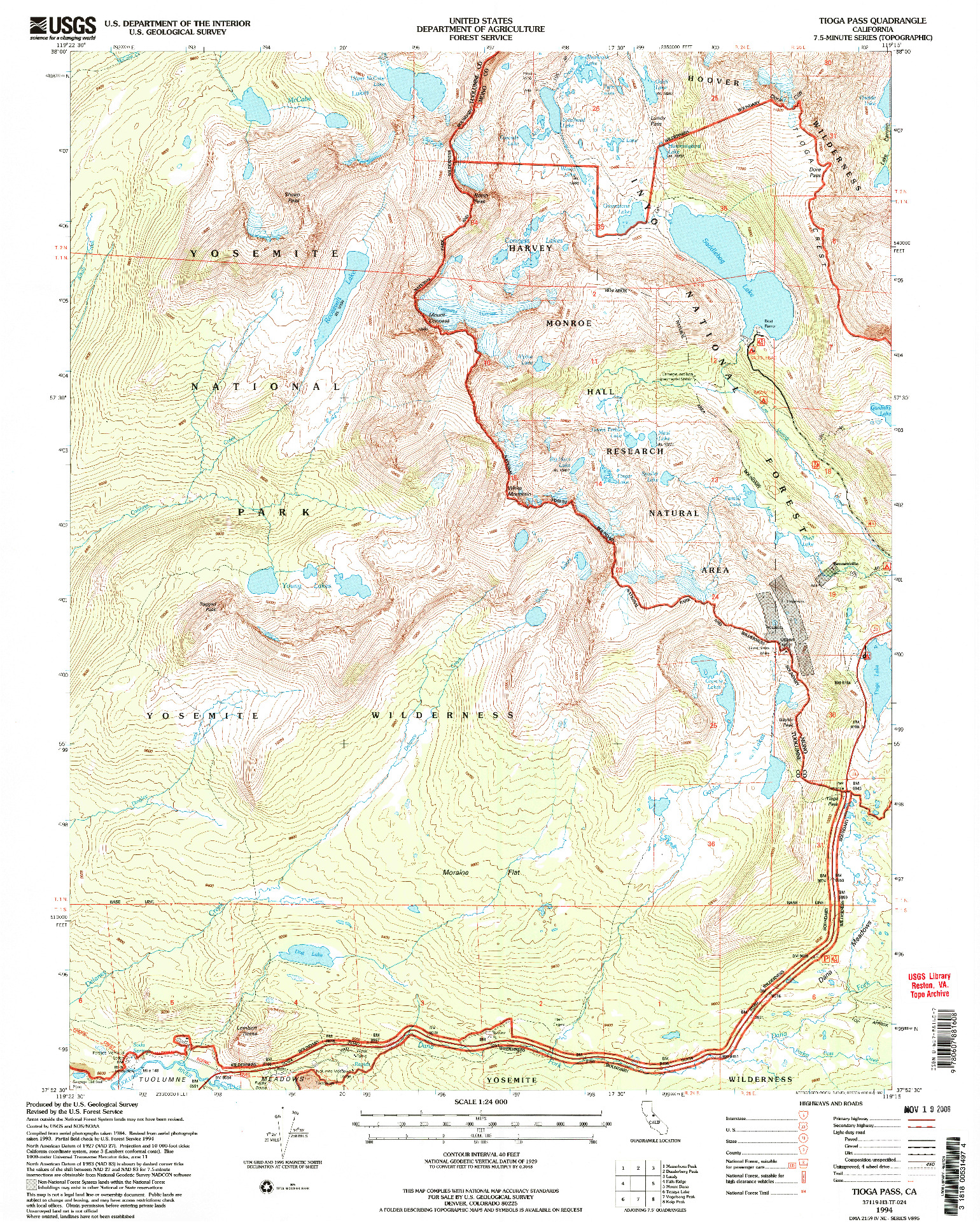 USGS 1:24000-SCALE QUADRANGLE FOR TIOGA PASS, CA 1994