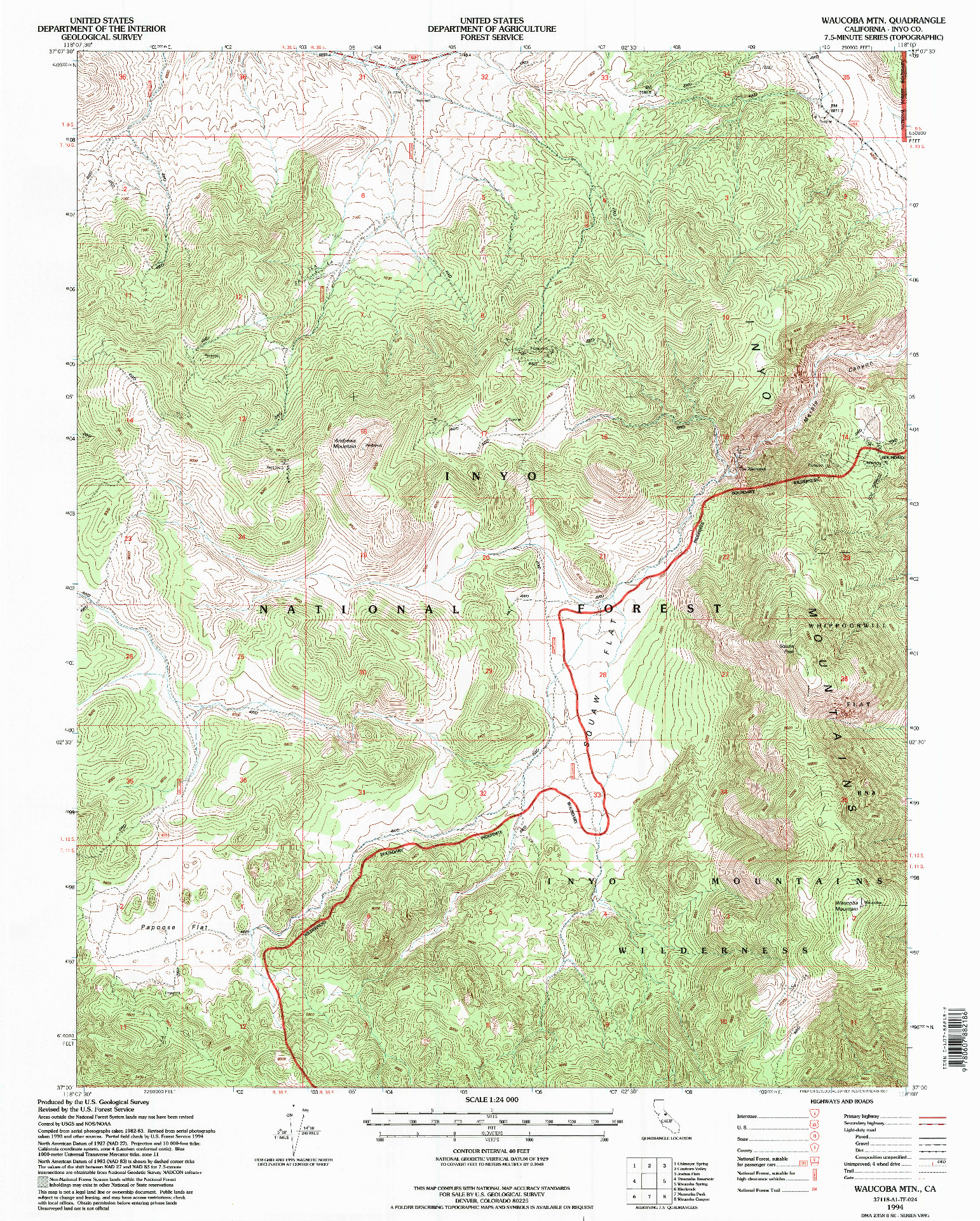 USGS 1:24000-SCALE QUADRANGLE FOR WAUCOBA MTN, CA 1994