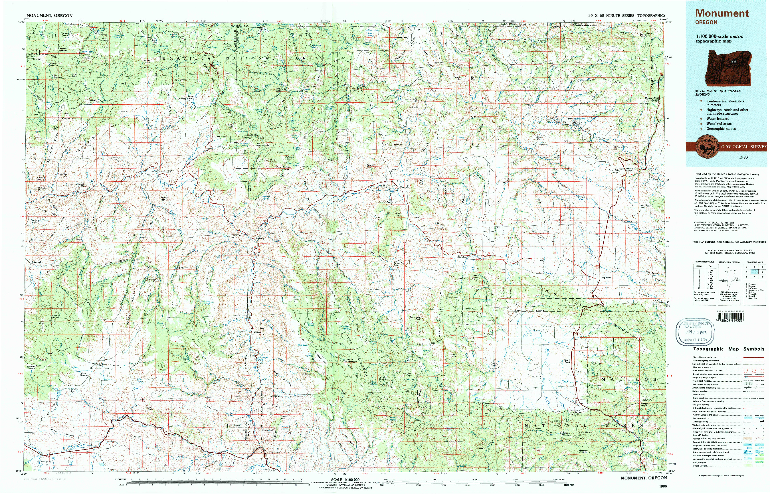 USGS 1:100000-SCALE QUADRANGLE FOR MONUMENT, OR 1980