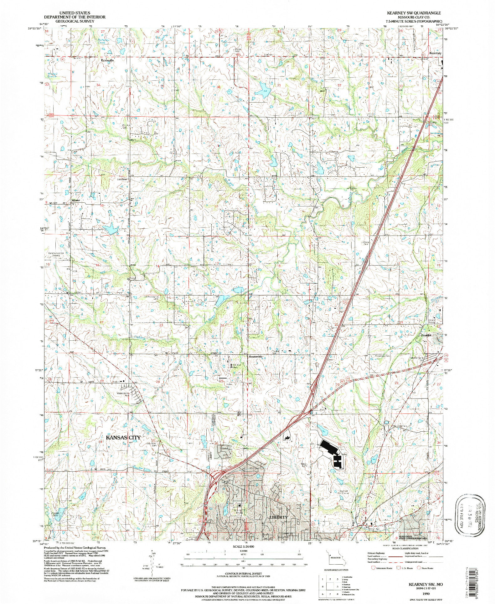 USGS 1:24000-SCALE QUADRANGLE FOR KEARNEY SW, MO 1990