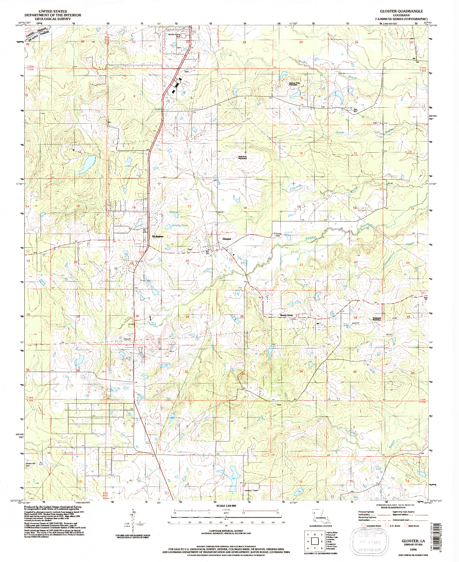 USGS 1:24000-SCALE QUADRANGLE FOR GLOSTER, LA 1994