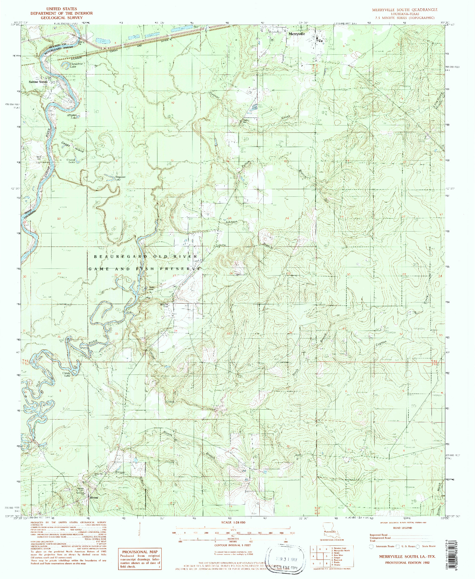 USGS 1:24000-SCALE QUADRANGLE FOR MERRYVILLE SOUTH, LA 1982