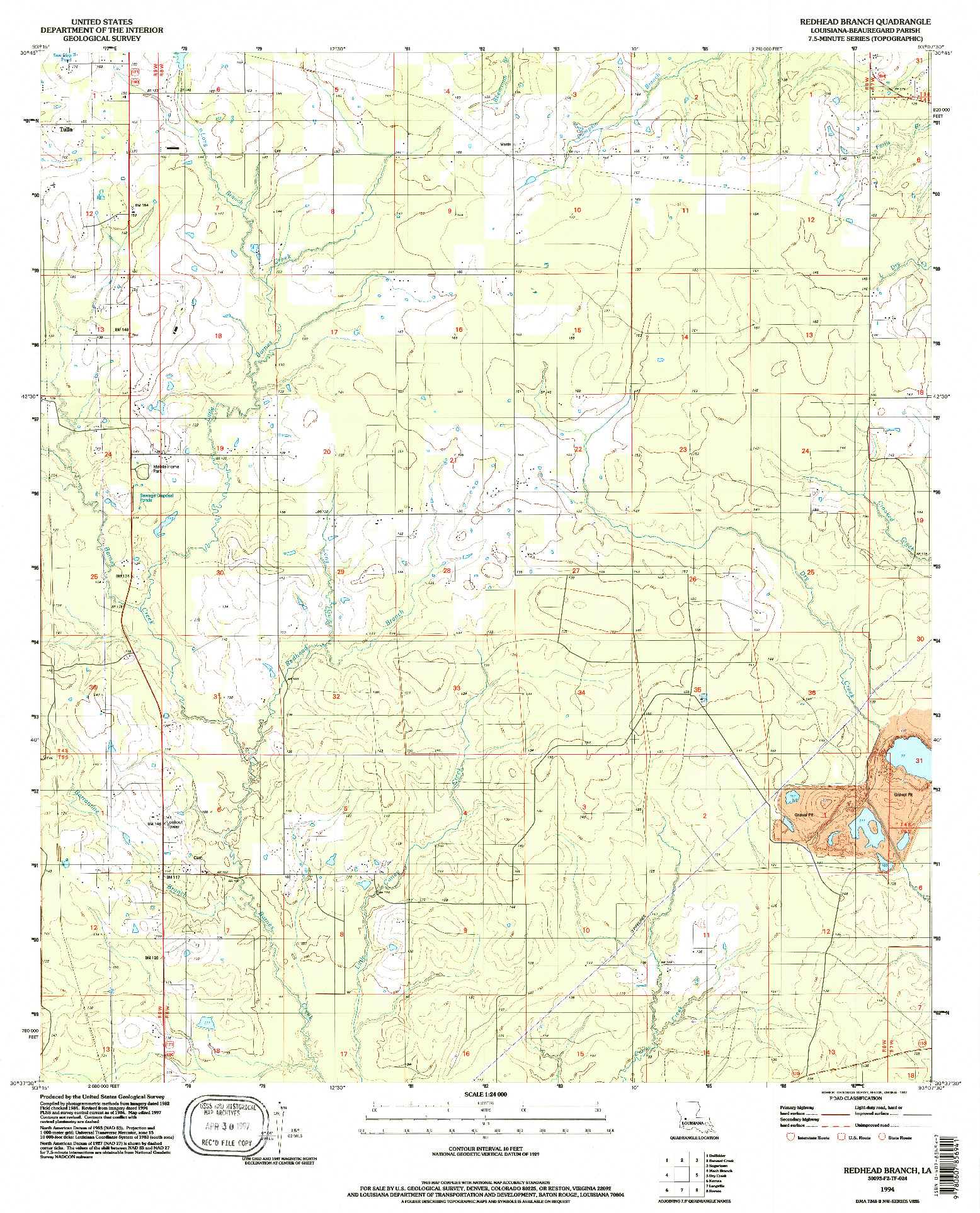 USGS 1:24000-SCALE QUADRANGLE FOR REDHEAD BRANCH, LA 1994