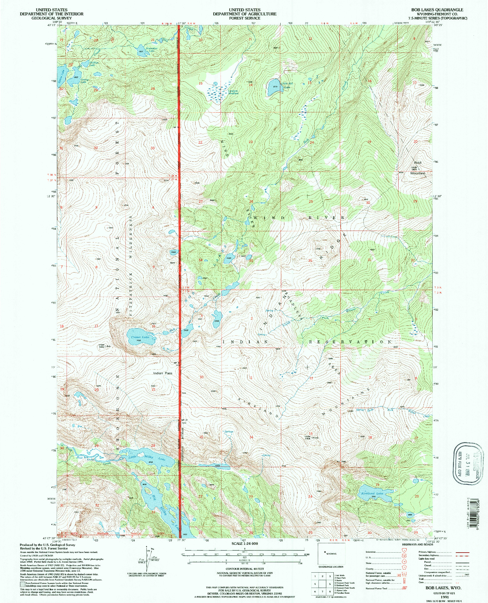 USGS 1:24000-SCALE QUADRANGLE FOR BOB LAKES, WY 1991