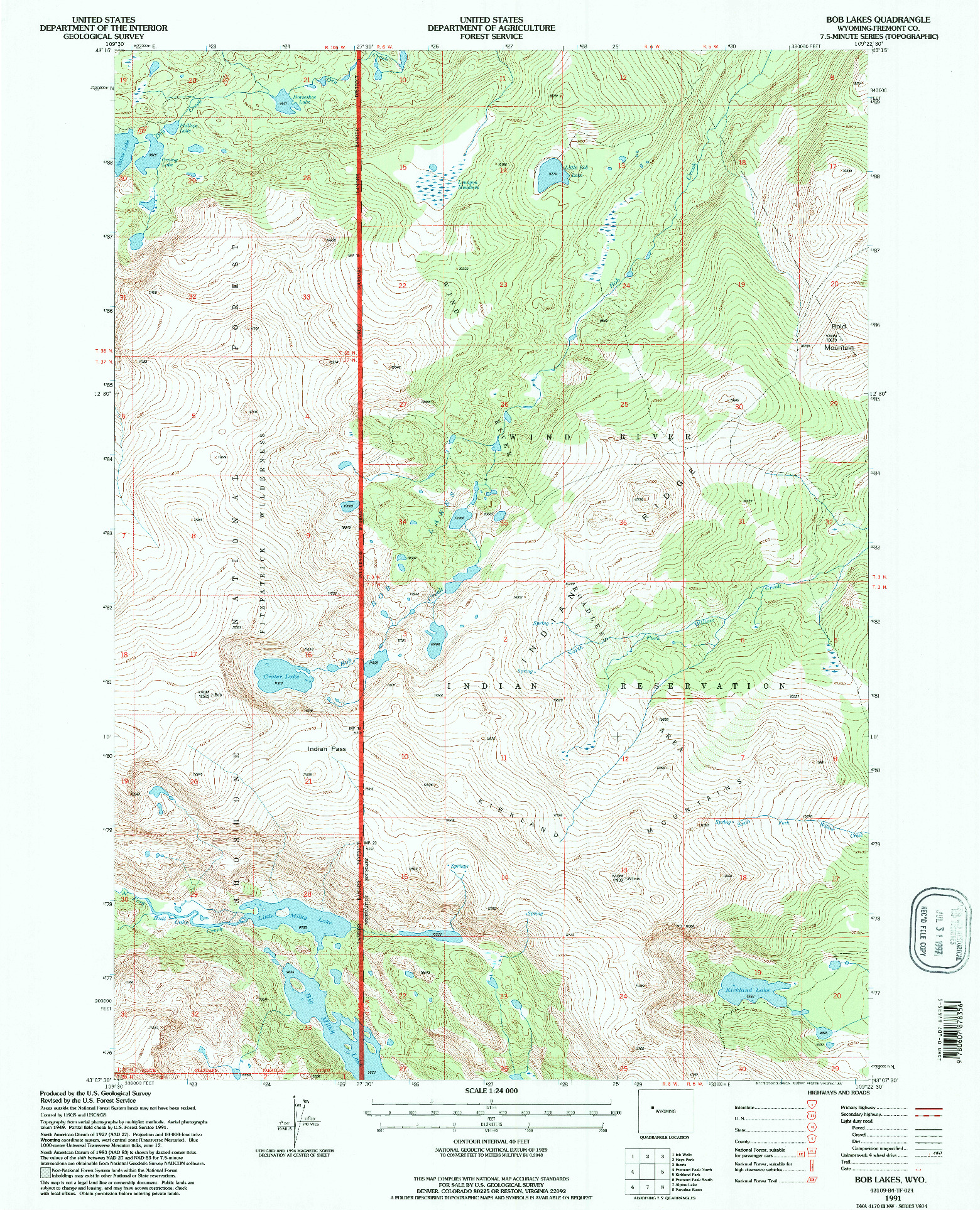 USGS 1:24000-SCALE QUADRANGLE FOR BOB LAKES, WY 1991