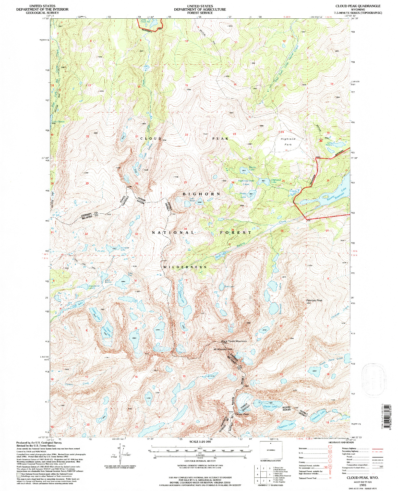 USGS 1:24000-SCALE QUADRANGLE FOR CLOUD PEAK, WY 1993