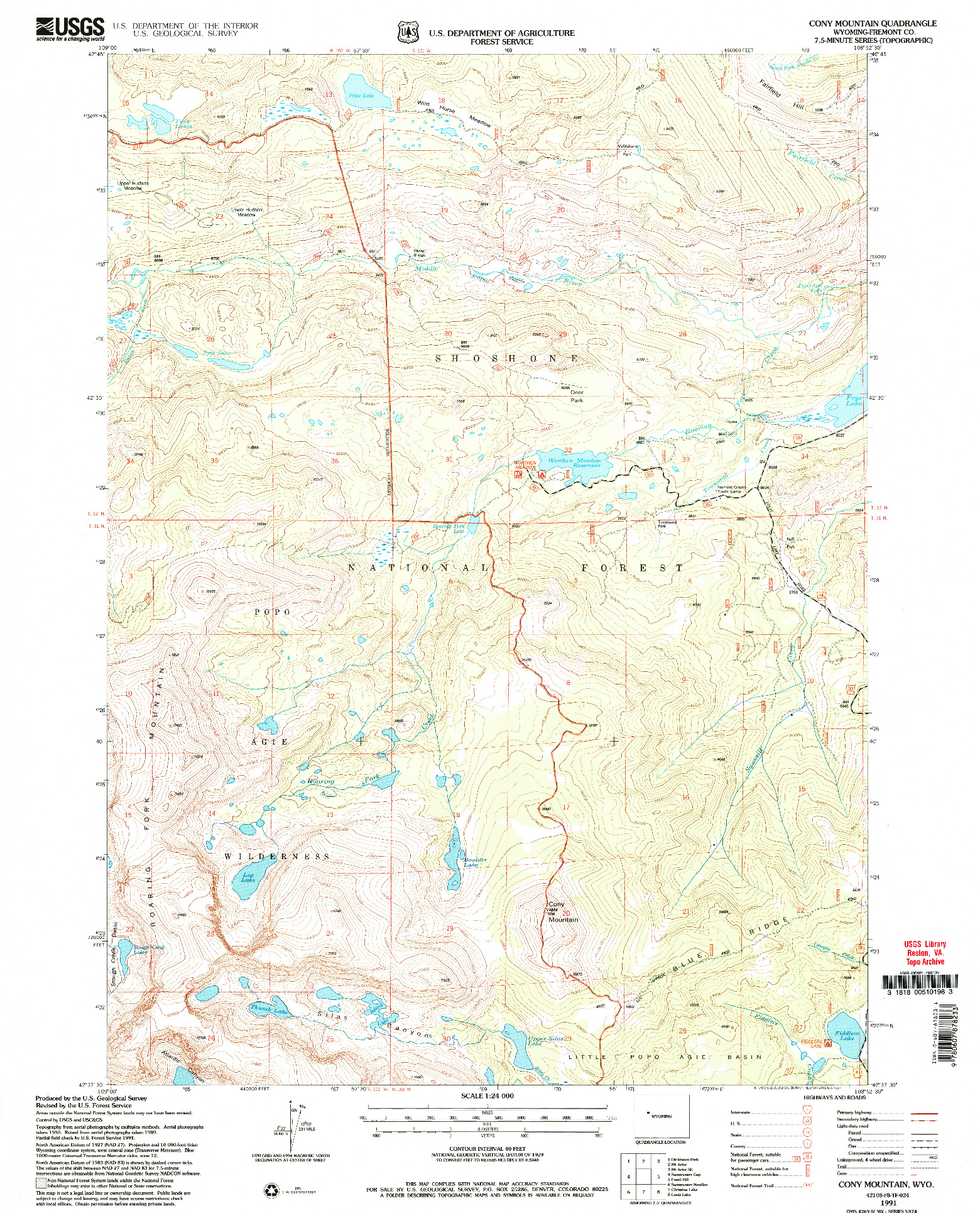 USGS 1:24000-SCALE QUADRANGLE FOR CONY MOUNTAIN, WY 1991