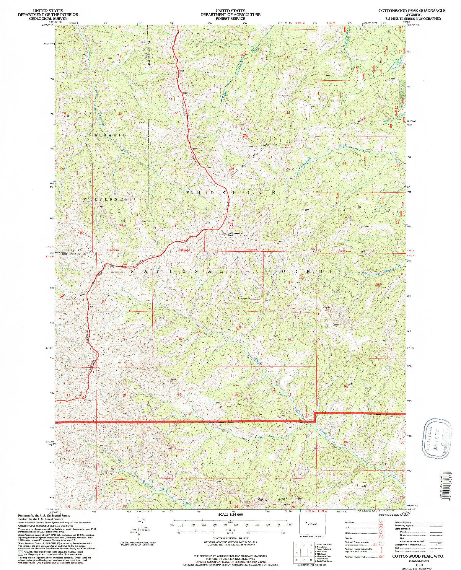 USGS 1:24000-SCALE QUADRANGLE FOR COTTONWOOD PEAK, WY 1991