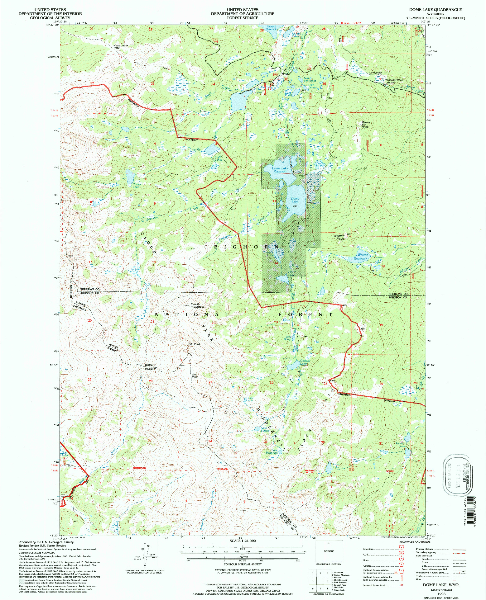 USGS 1:24000-SCALE QUADRANGLE FOR DOME LAKE, WY 1993