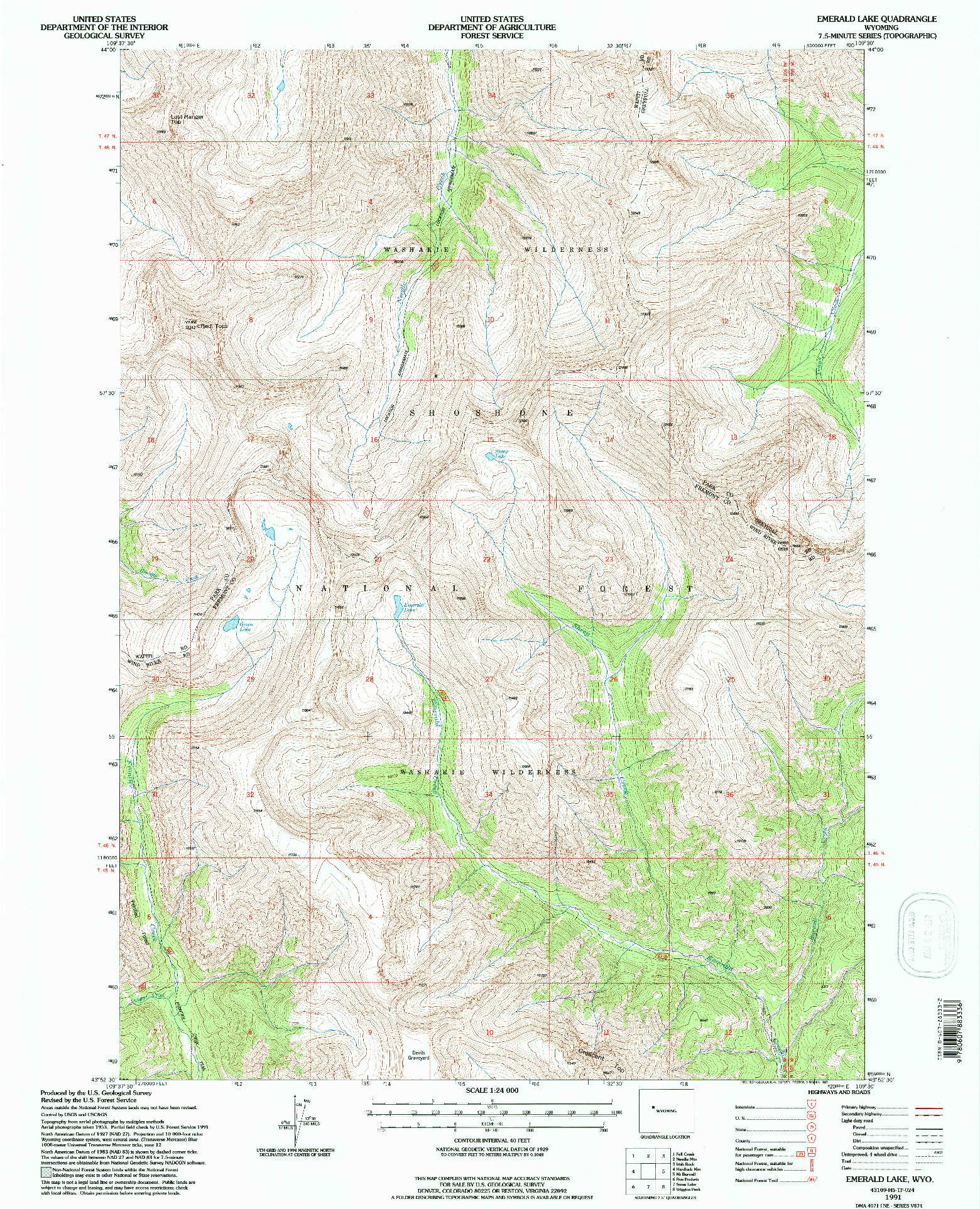USGS 1:24000-SCALE QUADRANGLE FOR EMERALD LAKE, WY 1991