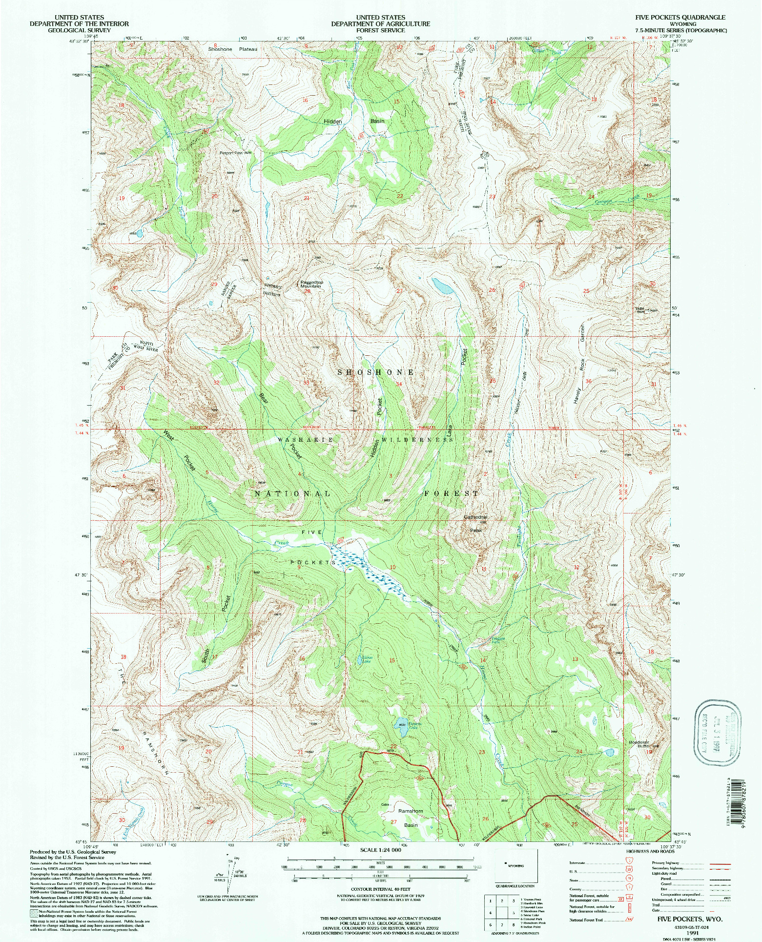 USGS 1:24000-SCALE QUADRANGLE FOR FIVE POCKETS, WY 1991