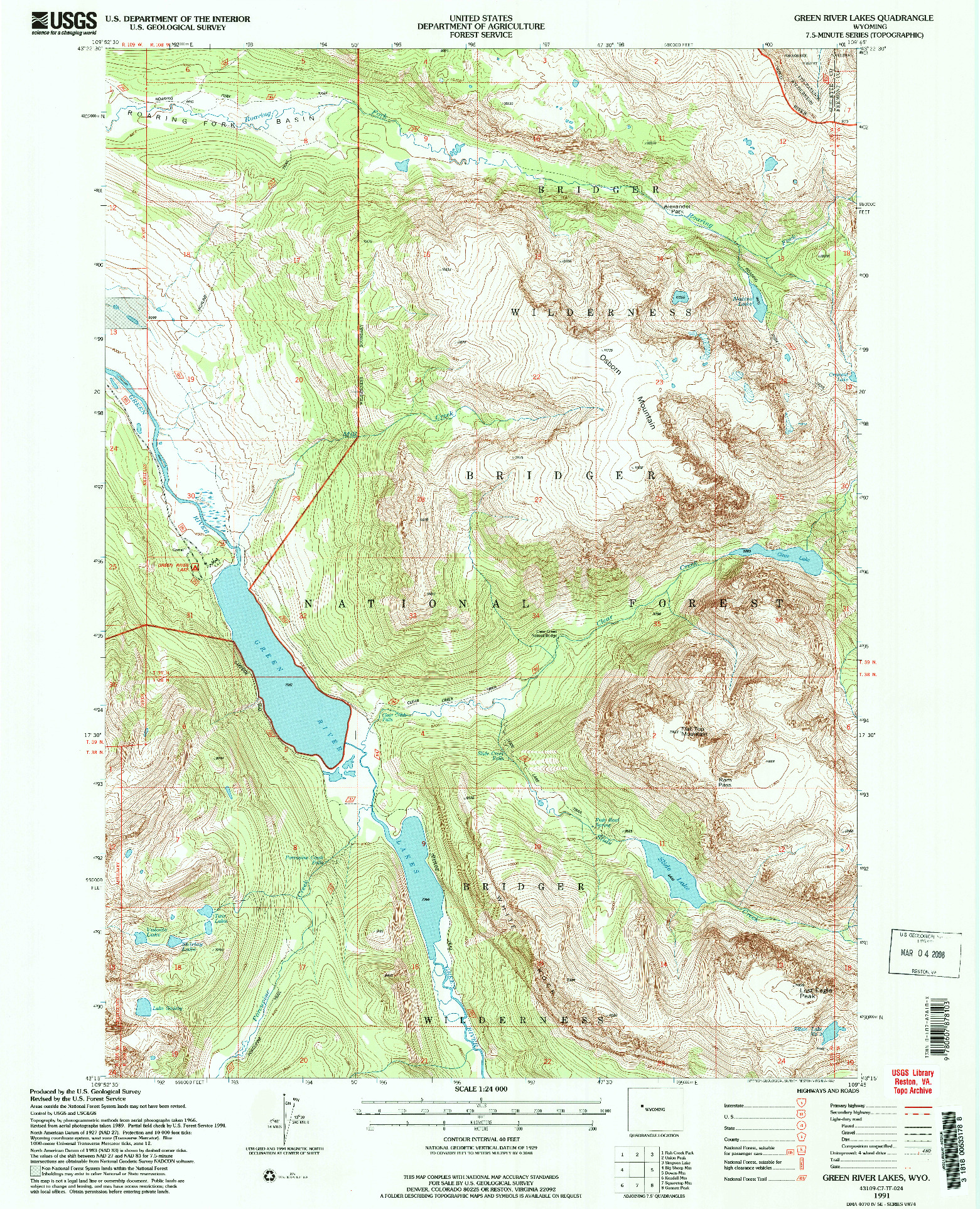 USGS 1:24000-SCALE QUADRANGLE FOR GREEN RIVER LAKES, WY 1991