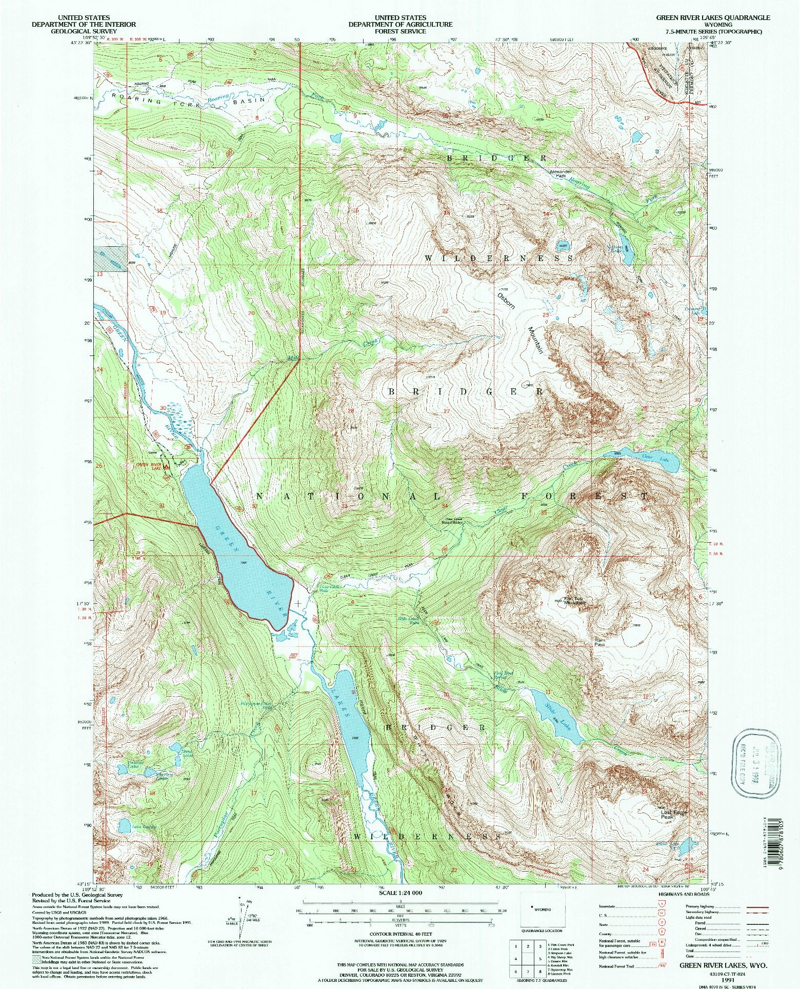 USGS 1:24000-SCALE QUADRANGLE FOR GREEN RIVER LAKES, WY 1991