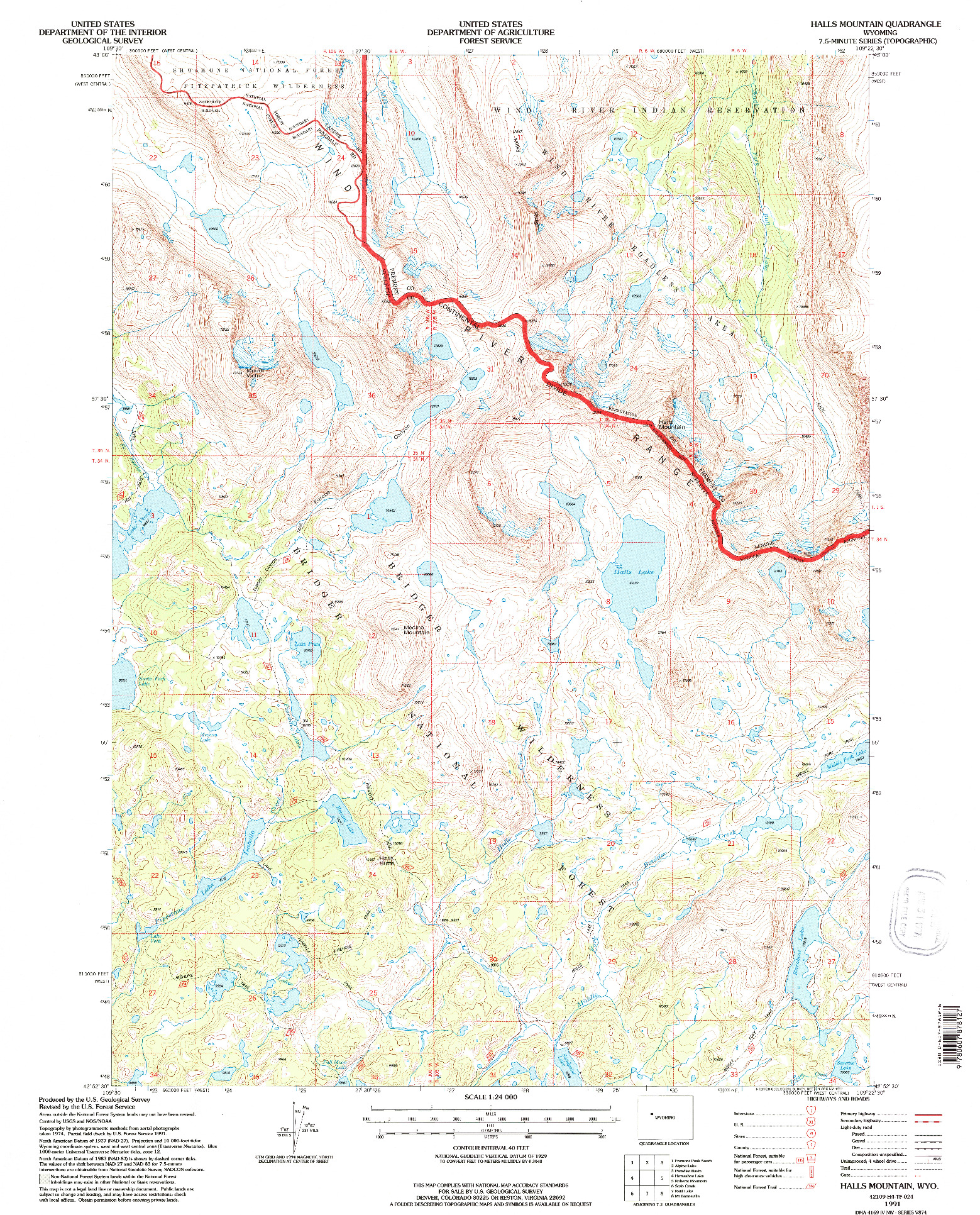 USGS 1:24000-SCALE QUADRANGLE FOR HALLS MOUNTAIN, WY 1991