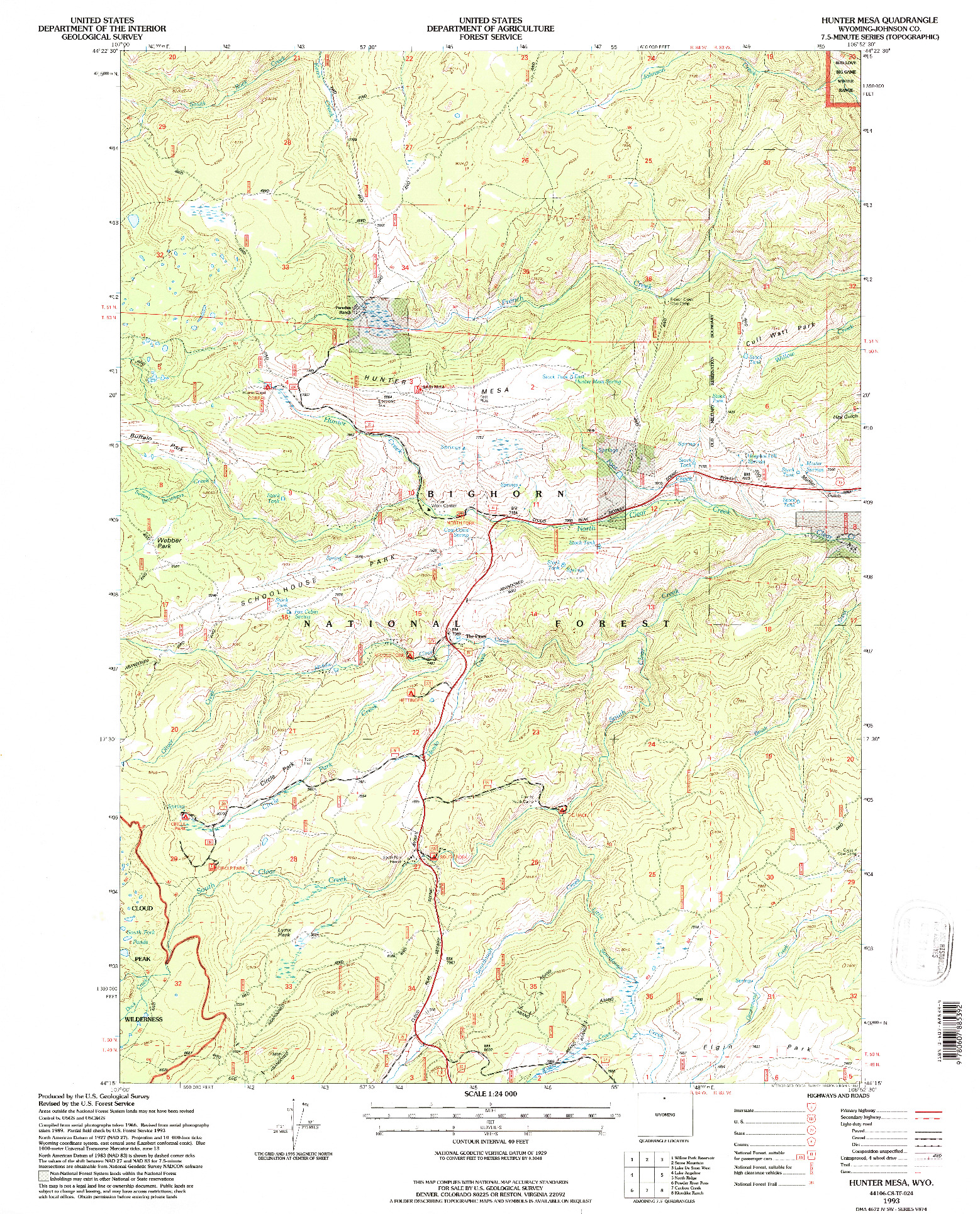 USGS 1:24000-SCALE QUADRANGLE FOR HUNTER MESA, WY 1993