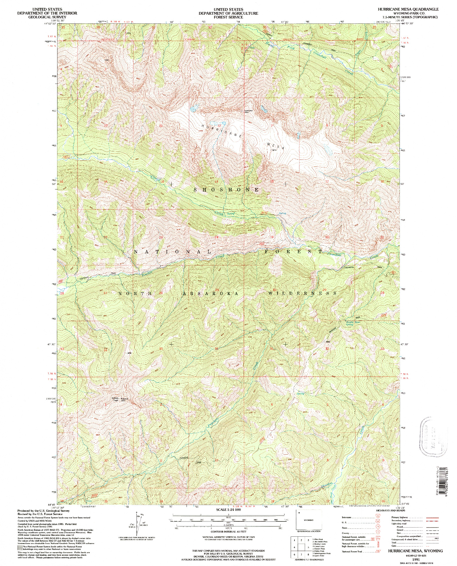 USGS 1:24000-SCALE QUADRANGLE FOR HURRICANE MESA, WY 1991