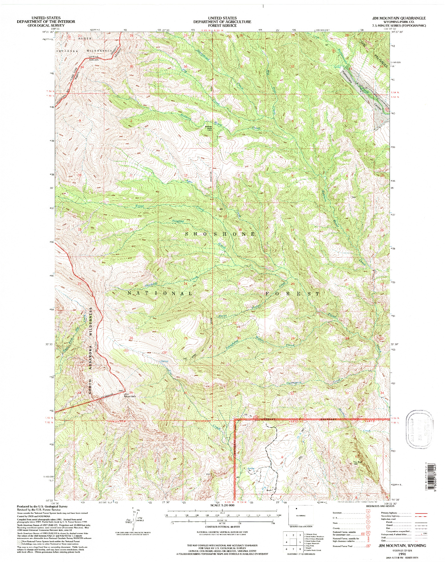 USGS 1:24000-SCALE QUADRANGLE FOR JIM MOUNTAIN, WY 1991