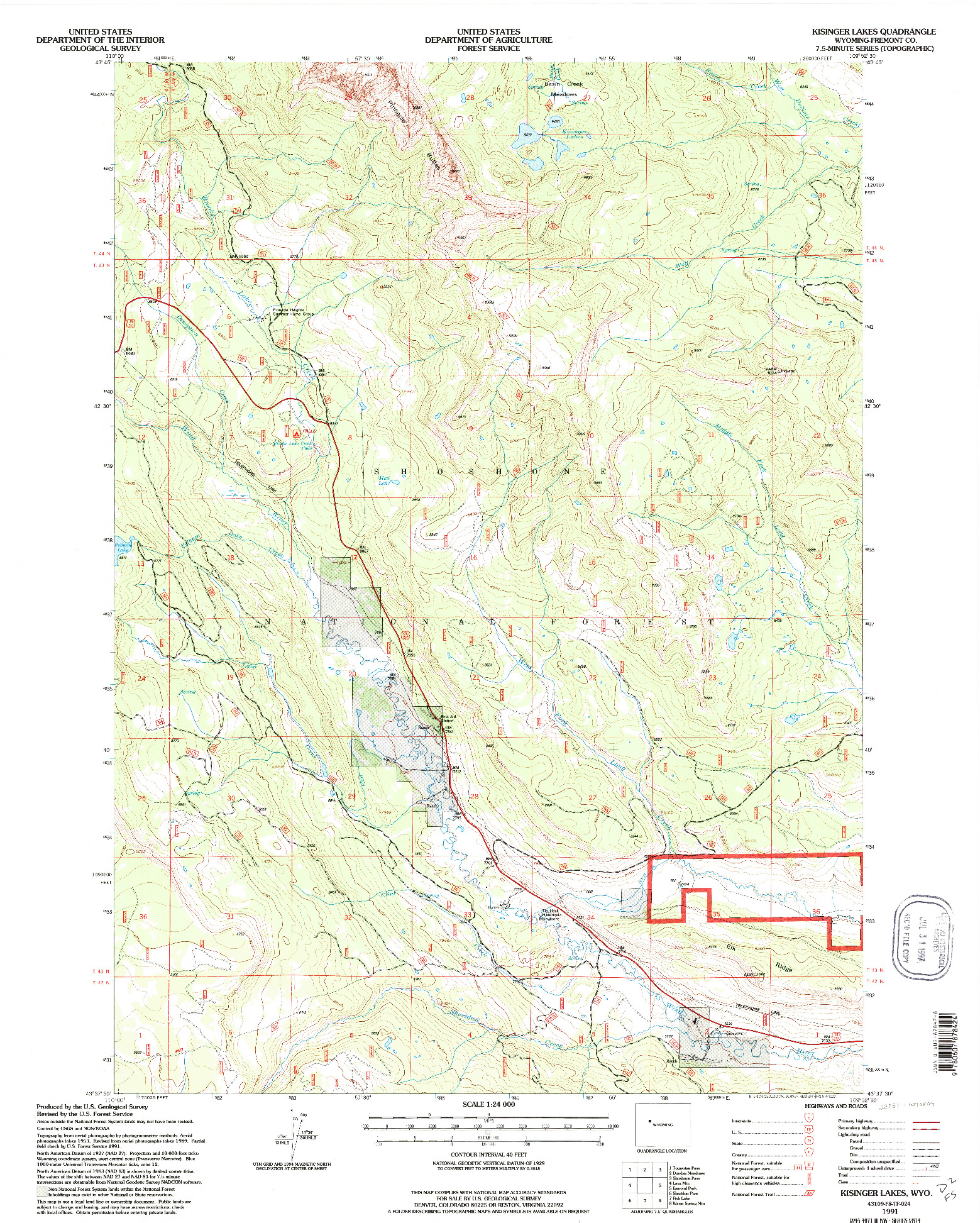 USGS 1:24000-SCALE QUADRANGLE FOR KISINGER LAKES, WY 1991