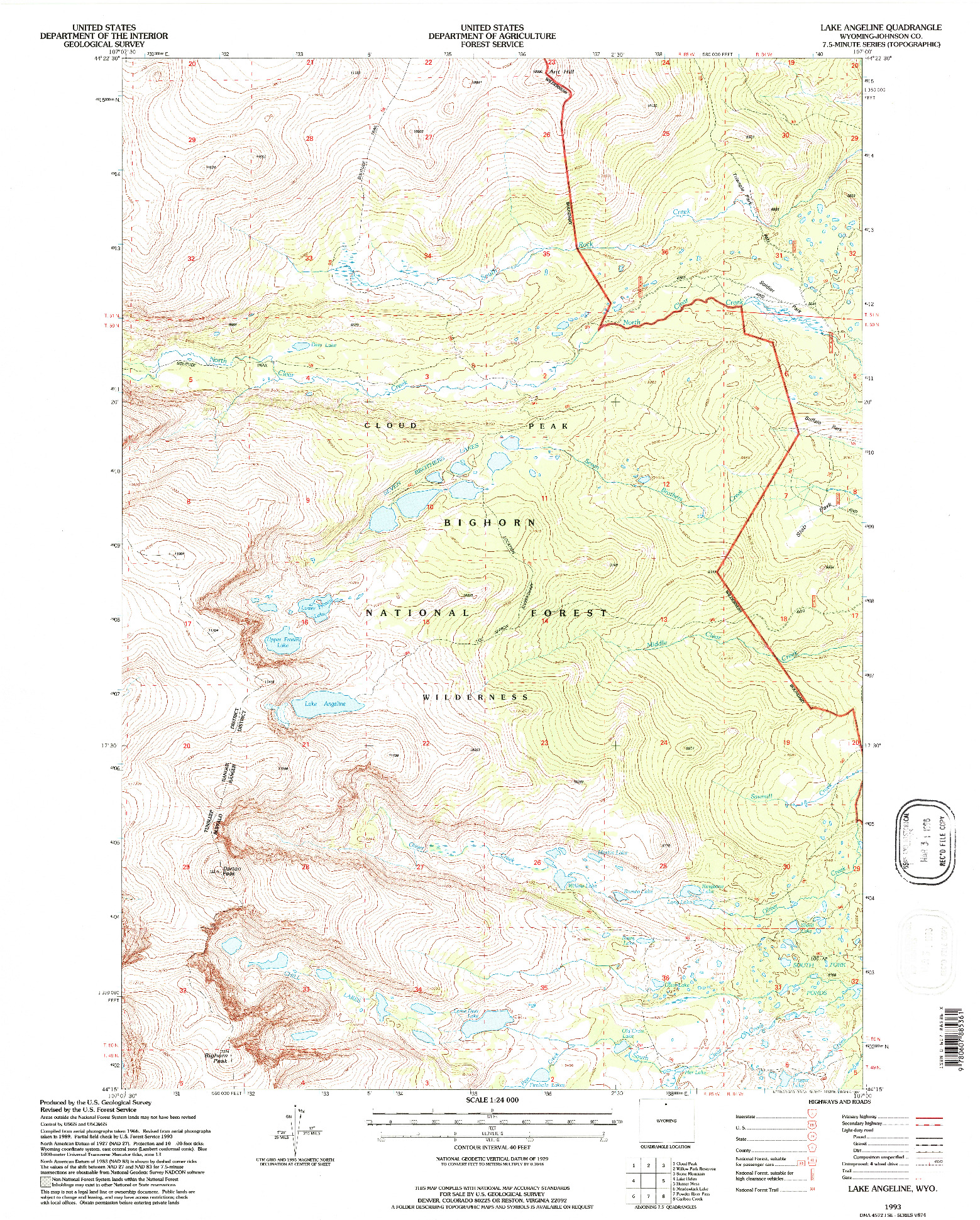 USGS 1:24000-SCALE QUADRANGLE FOR LAKE ANGELINE, WY 1993