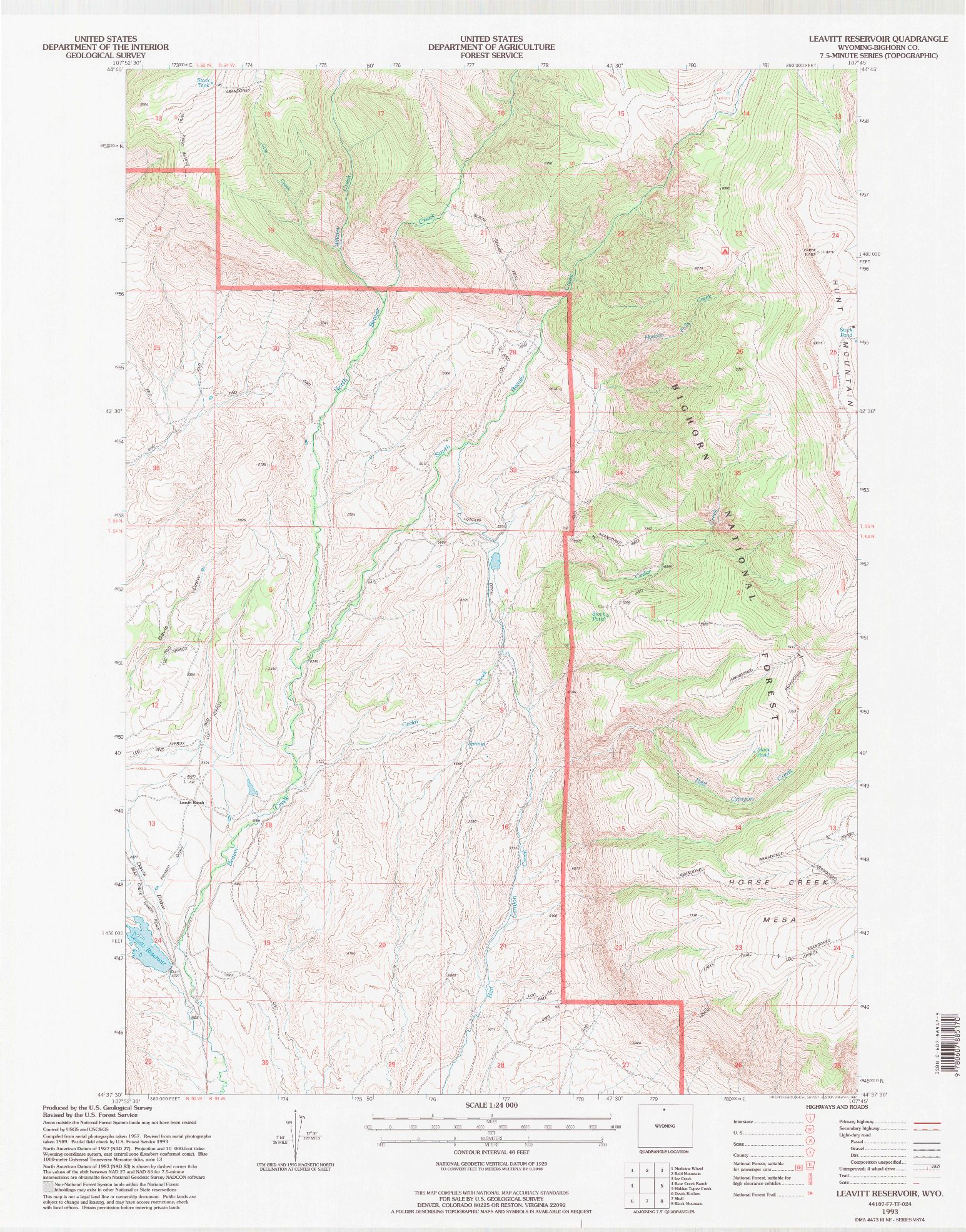 USGS 1:24000-SCALE QUADRANGLE FOR LEAVITT RESERVOIR, WY 1993