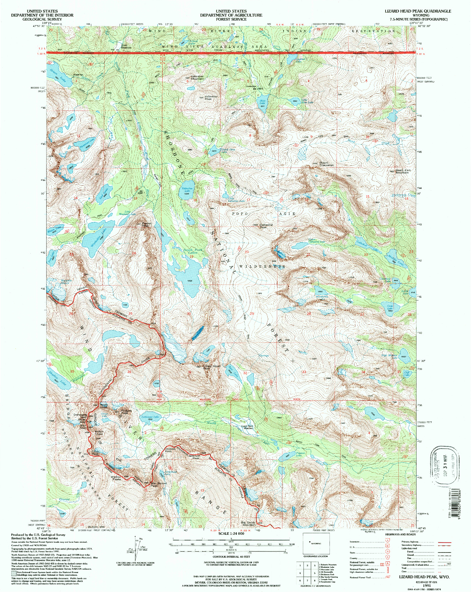 USGS 1:24000-SCALE QUADRANGLE FOR LIZARD HEAD PEAK, WY 1991