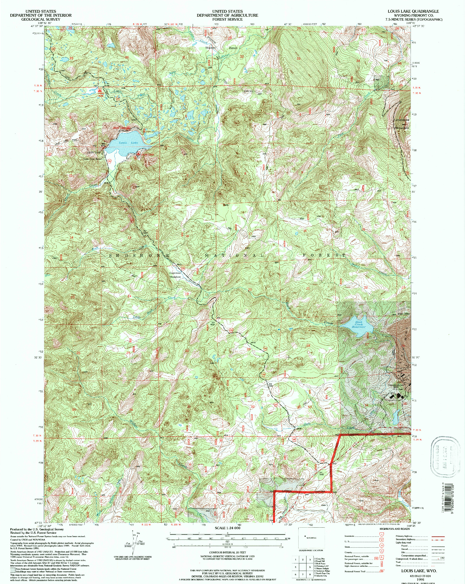 USGS 1:24000-SCALE QUADRANGLE FOR LOUIS LAKE, WY 1991