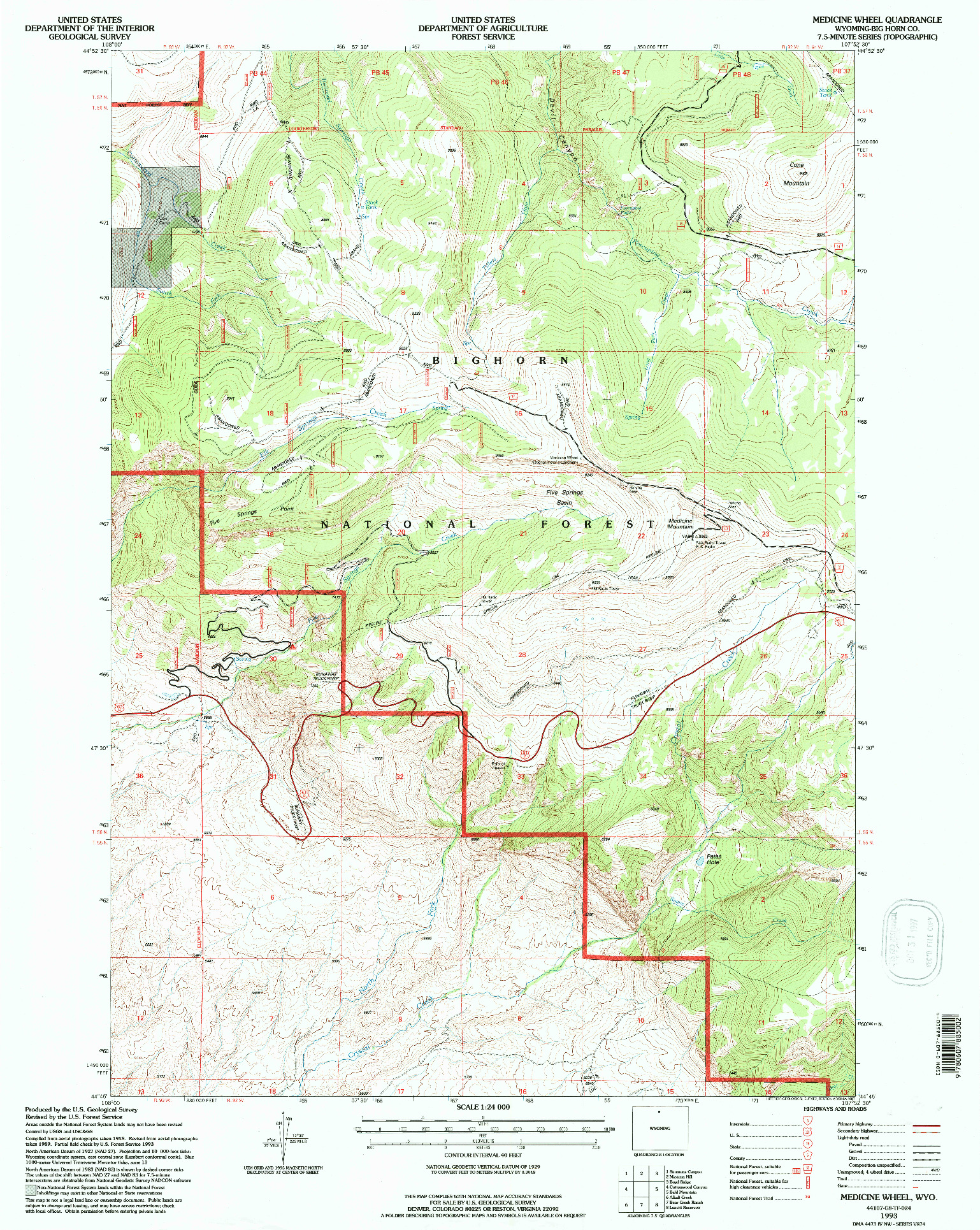 USGS 1:24000-SCALE QUADRANGLE FOR MEDICINE WHEEL, WY 1993