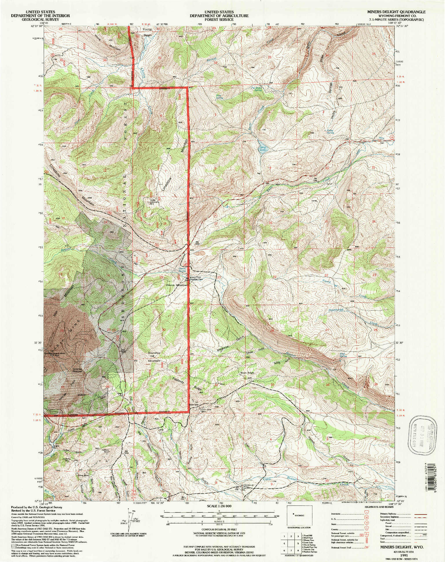 USGS 1:24000-SCALE QUADRANGLE FOR MINERS DELIGHT, WY 1991