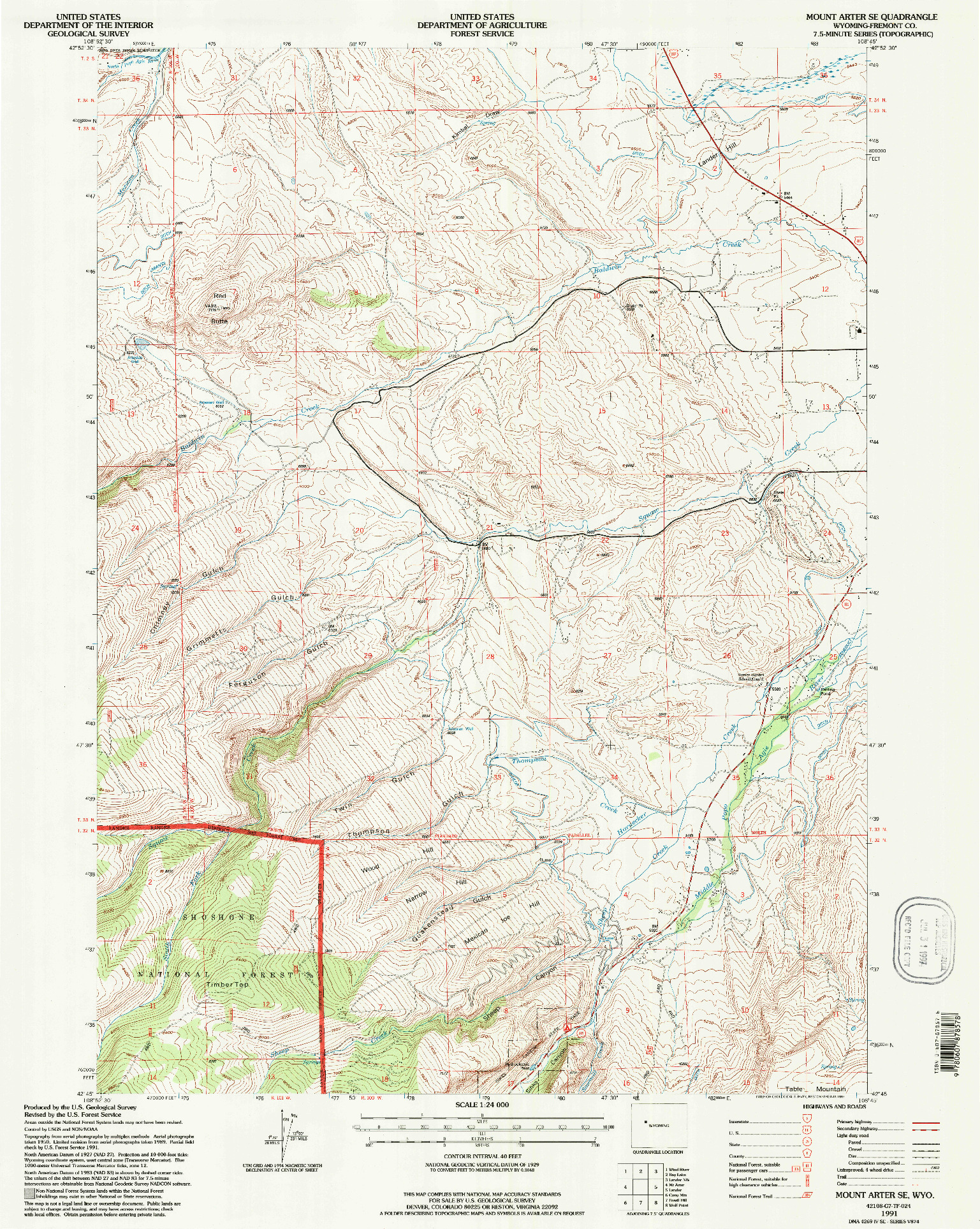 USGS 1:24000-SCALE QUADRANGLE FOR MOUNT ARTER SE, WY 1991