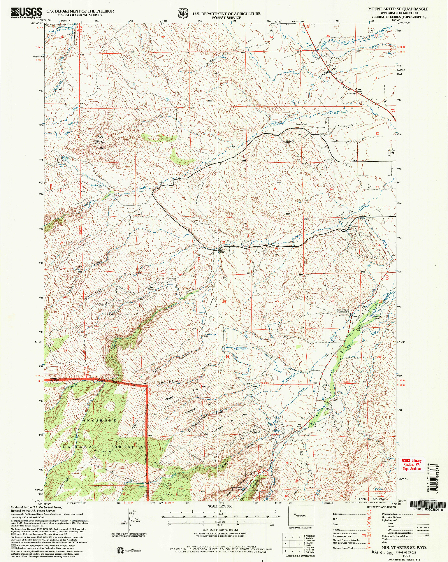 USGS 1:24000-SCALE QUADRANGLE FOR MOUNT ARTER SE, WY 1991