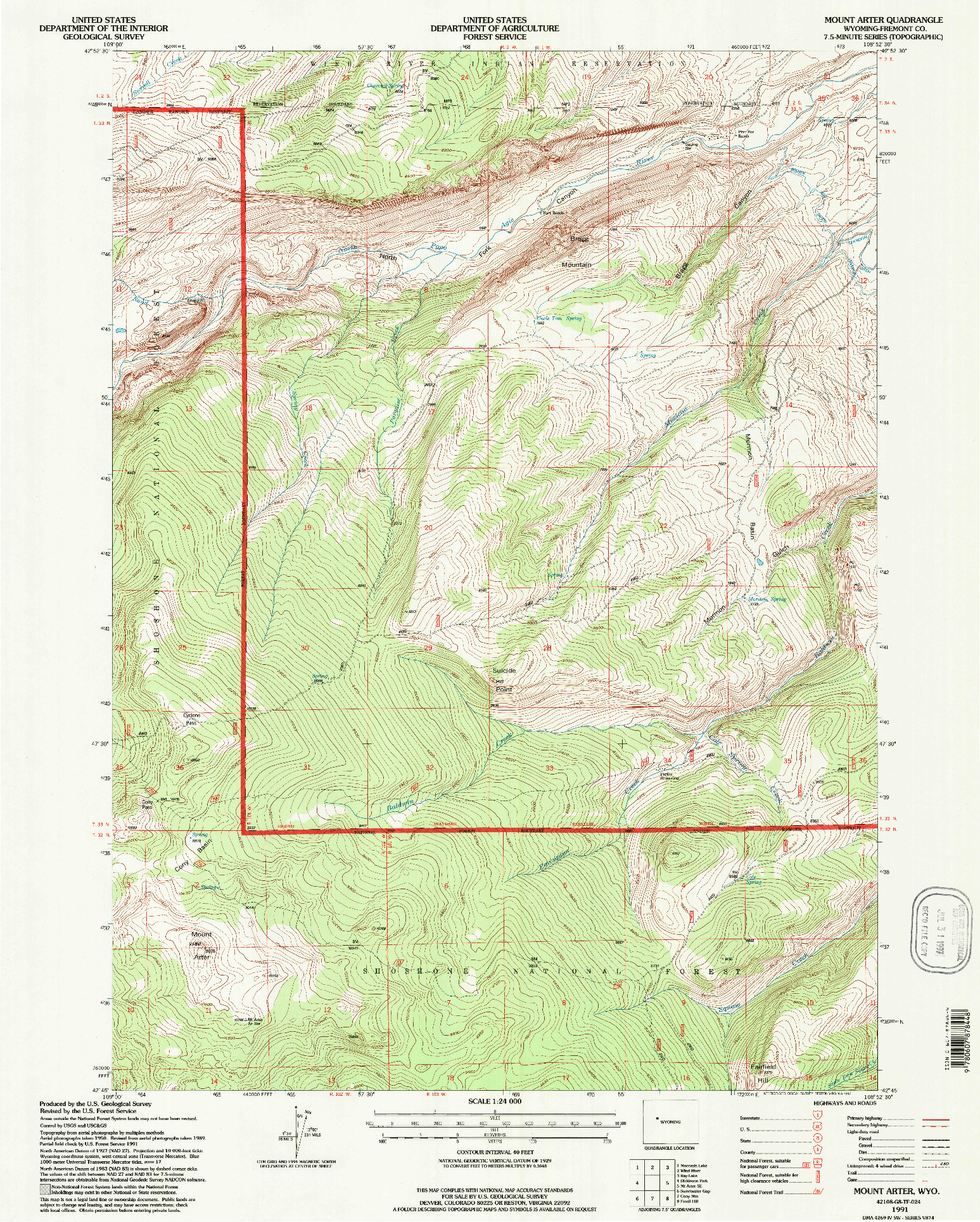 USGS 1:24000-SCALE QUADRANGLE FOR MOUNT ARTER, WY 1991
