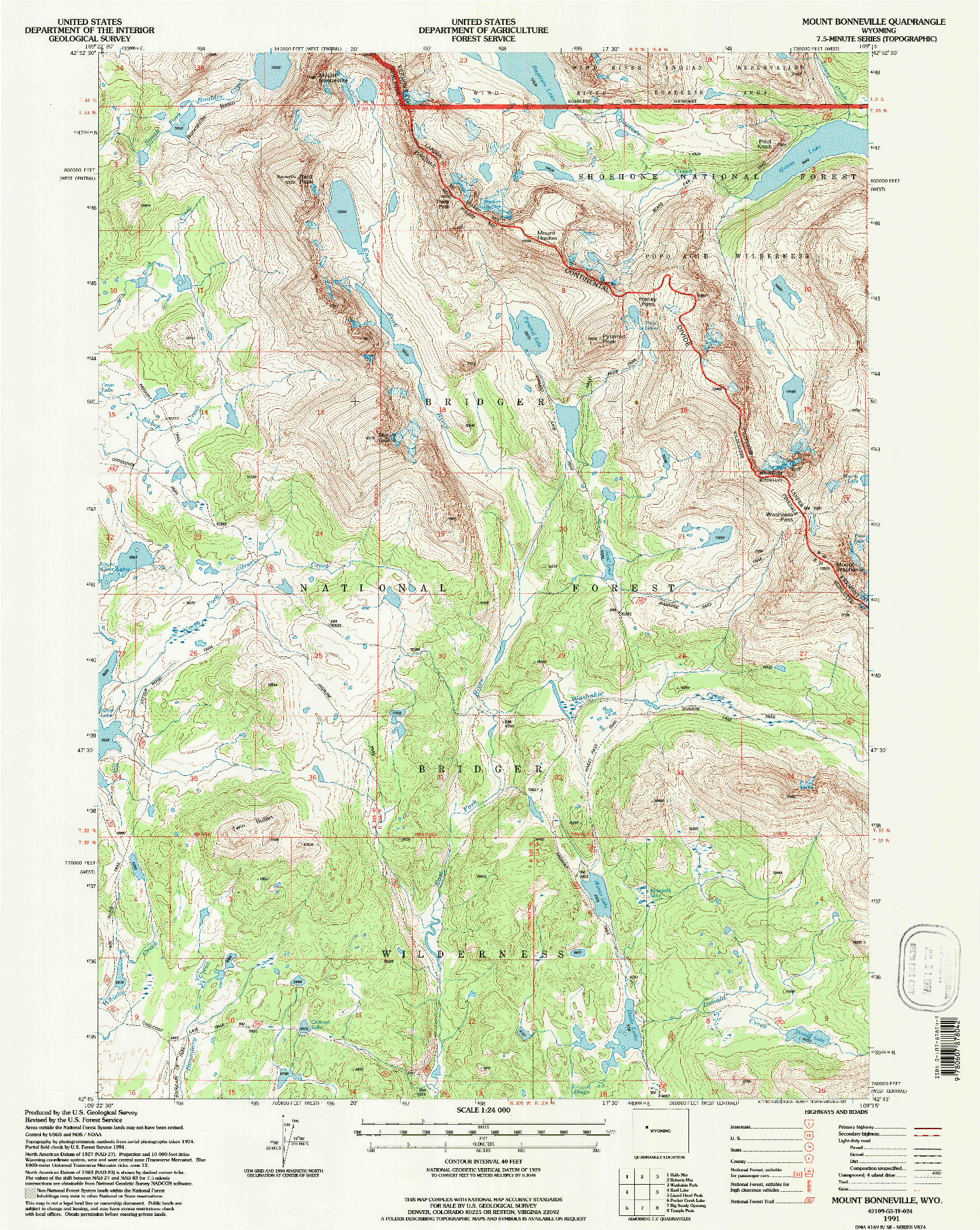 USGS 1:24000-SCALE QUADRANGLE FOR MOUNT BONNEVILLE, WY 1991