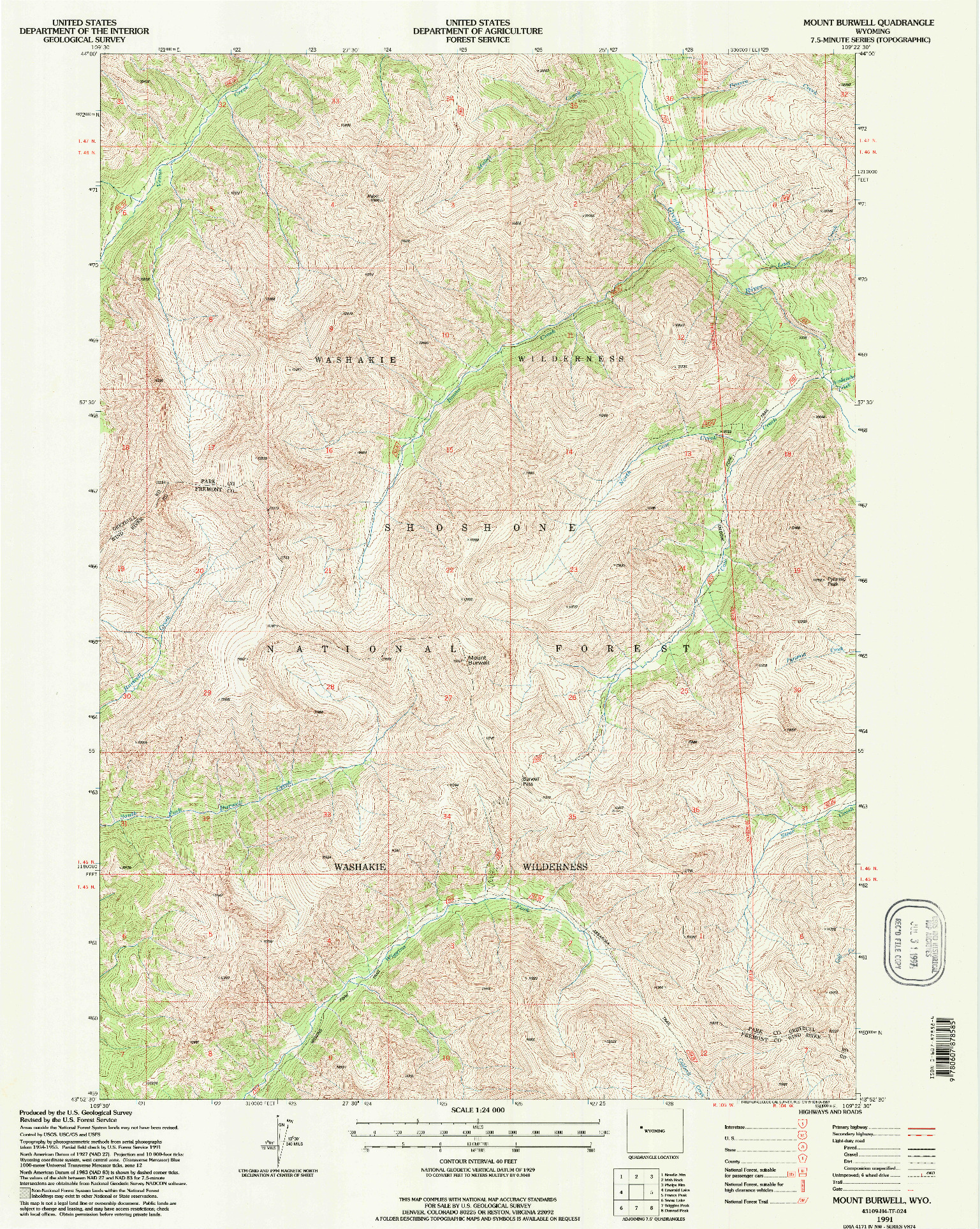 USGS 1:24000-SCALE QUADRANGLE FOR MOUNT BURWELL, WY 1991