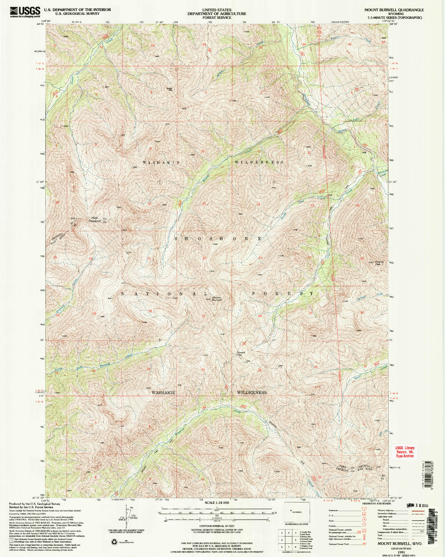 USGS 1:24000-SCALE QUADRANGLE FOR MOUNT BURWELL, WY 1991