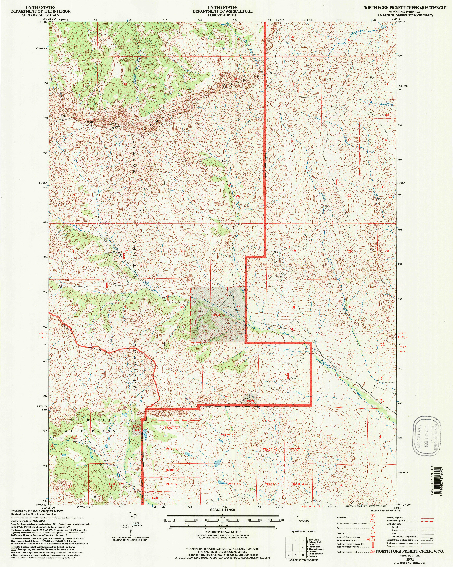 USGS 1:24000-SCALE QUADRANGLE FOR NORTH FORK PICKETT CREEK, WY 1991