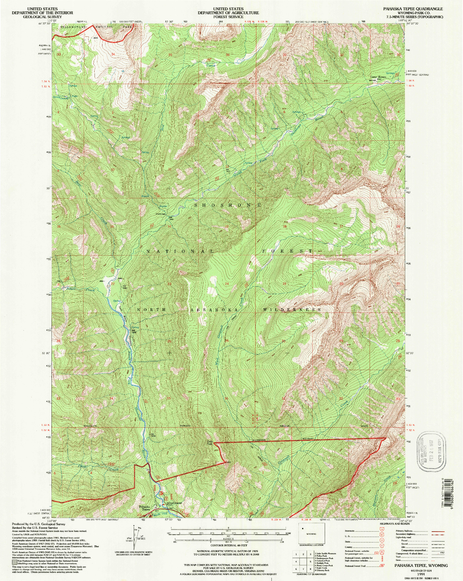 USGS 1:24000-SCALE QUADRANGLE FOR PAHASKA TEPEE, WY 1991