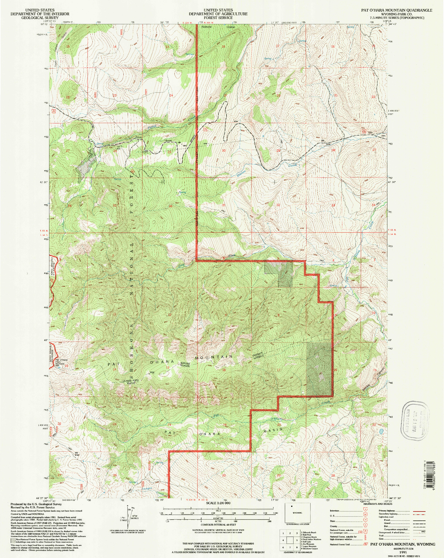 USGS 1:24000-SCALE QUADRANGLE FOR PAT O' HARA MOUNTAIN, WY 1991